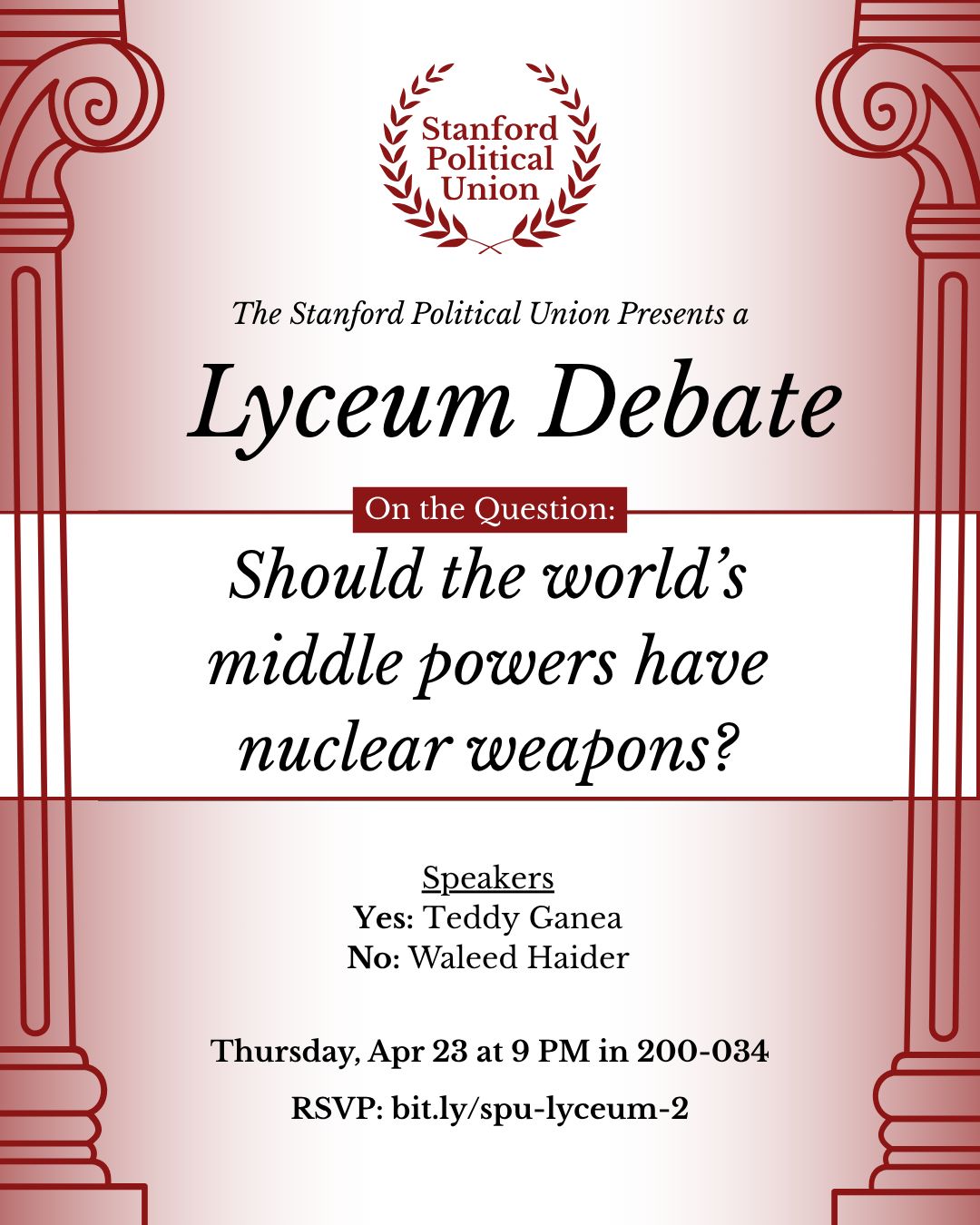 Join us for our second LIVE Lyceum Debate on Thursday, April 23rd at 9pm in 200-034 on the resolution: The world's middle powers should have nuclear weapons.
RSVP @ bit.ly/spu-lyceum-2