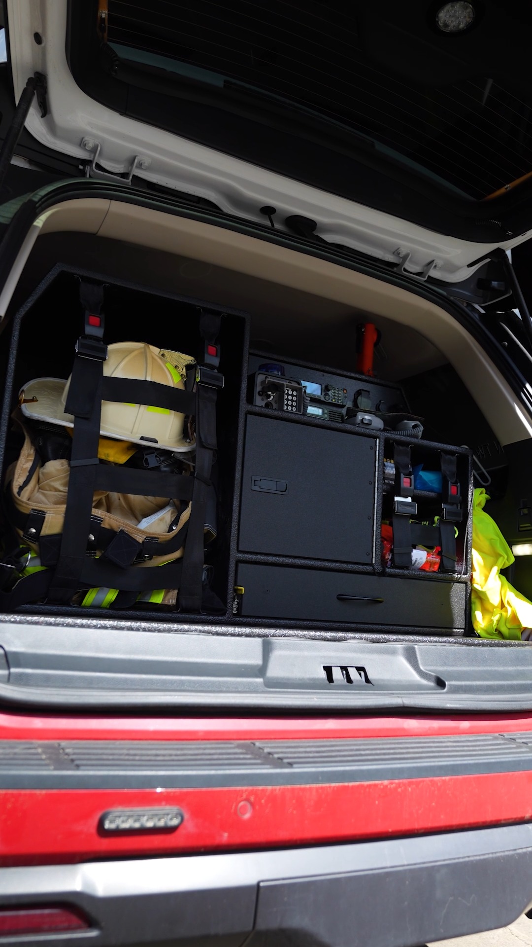 We make cabinets precisely for this -- your gear! #1stinproducts #upfitters #centerconsoles #consoles #woodworking #outfitters #cabinets #newjersey #newyork #firetrucks #firevehicles #firefighters #fyp #firstresponders #fy