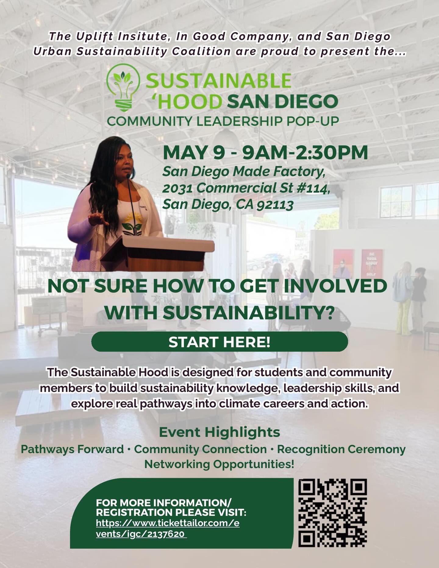 Let’s turn climate interest into Climate Action 🌱
Join us for the Sustainable Hood Youth Leadership Pop-Up!
🗓️May 9 | 9am - 2:30pm
📍San Diego Made Factory
Connect, learn, and explore pathways into Climate Action. Register using the QR code today! 🌎