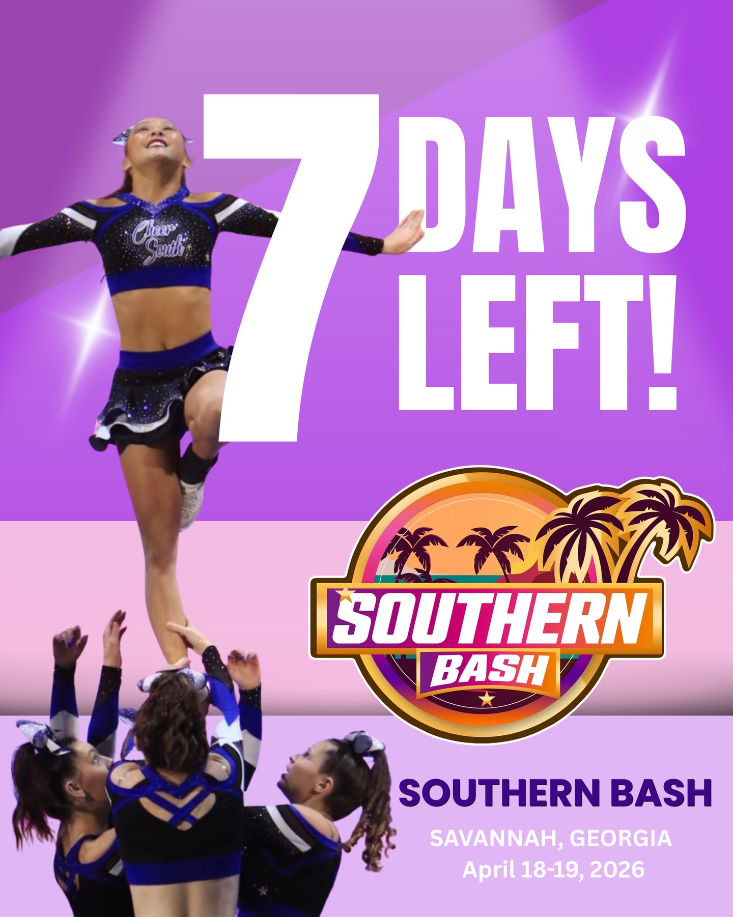 Savannah… it’s officially 7 days until THE SOUTHERN BASH 🔥
The energy is building, the countdown is on, and we’re about to close out the 25/26 World Cheer Co season the only way we know how… loud, electric, and unforgettable.
So tell us… Are you stepping onto that mat next weekend, or cheering from the sidelines?
Tap in below if you’re competing at Southern Bash 👇
#savannah #cheer #cheerleading #worldcheerco #cheerleadingusa