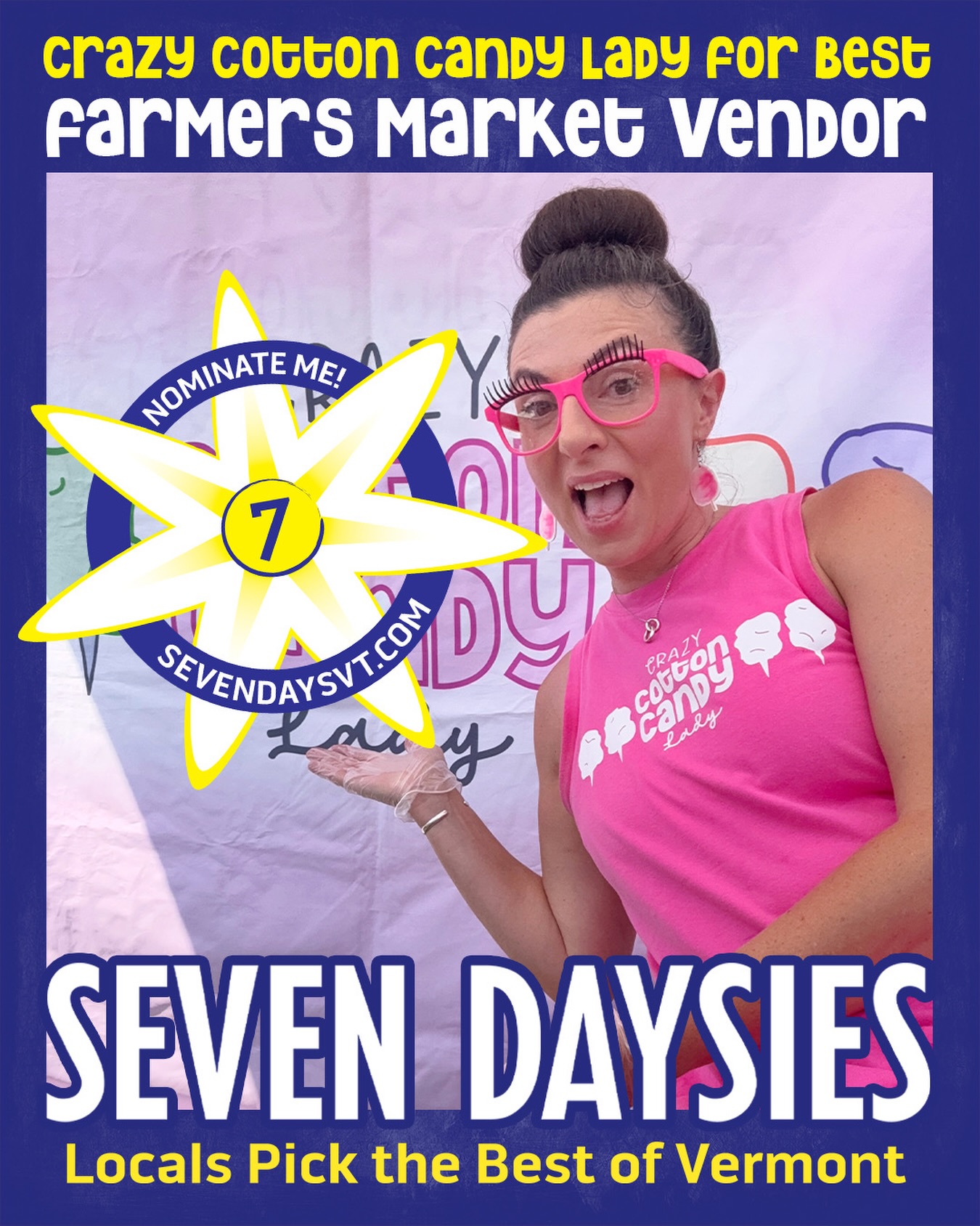 💜💛It’s that time of year when locals get to vote for the BEST businesses in VERMONT💛💜
Please Vote Crazy Cotton Candy Lady for:
💜BEST FARMERS MARKET VENDOR💜
Vote now through May 3 at 5pm:
https://ballot.sevendaysvt.com/food/best-farmers-market-vendor
#madeinvt #bestfarmersmarketvendor #crazycottoncandylady #vermont #vtmom
