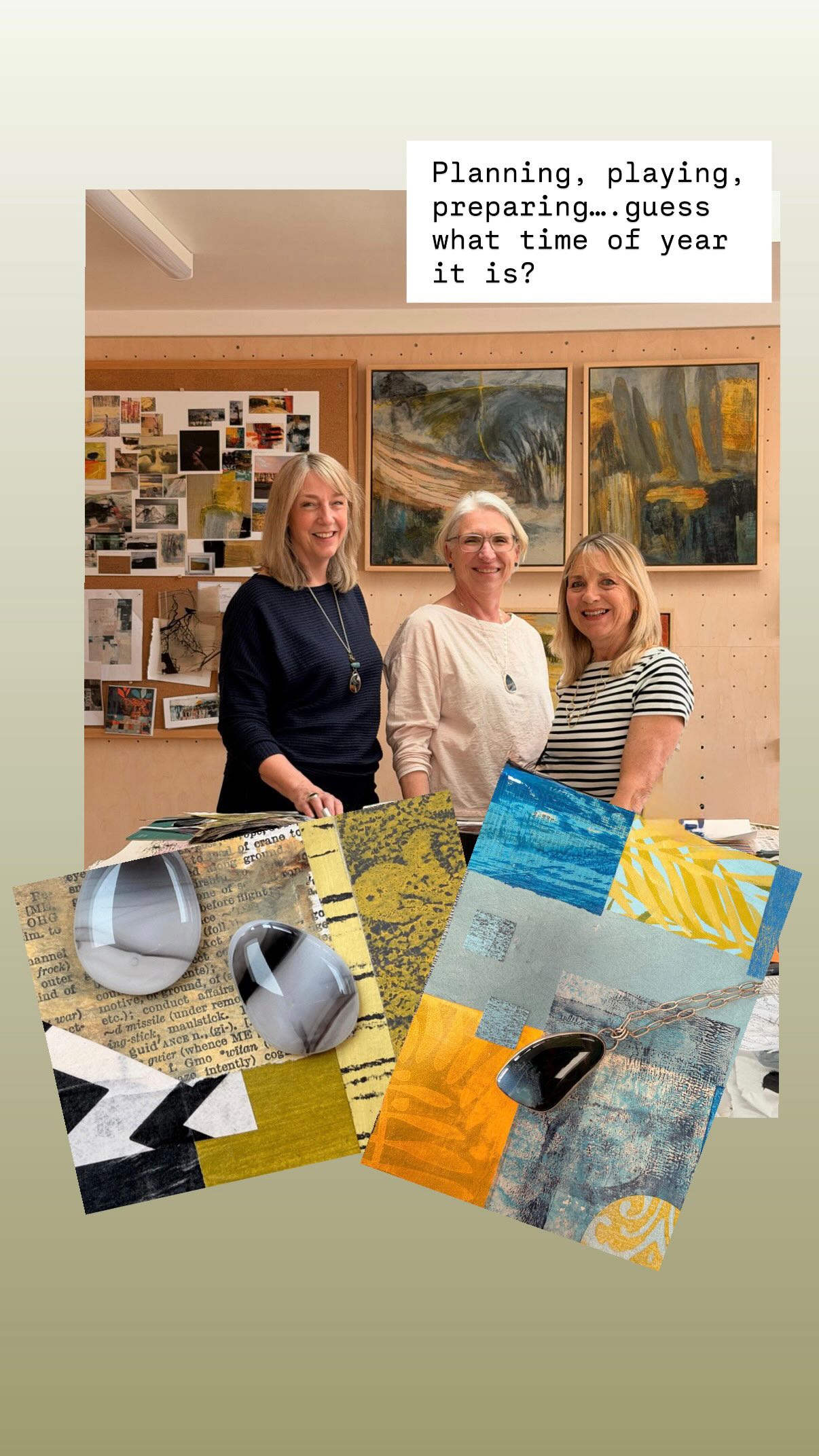 Don’t want to spoil your Summer… especially as it’s hardly started….
But we’re already thinking about September! Planning is underway for Open Studios and we’re excited to welcome fused glass artist Tracy, @tchamberlain.studio to join us this year.
Jackie and I have been playing with collage pieces (some kindly gifted by @debbiewiggan all the way from Brisbane), cutting, cropping and trying not to overthink — a true play date as always.
We loved layering Tracy’s beautiful work on top… so watch this space.
Each of Tracy’s pieces is fused, broken and refired to create something completely unique, then set in silver and bronze as beautiful jewellery.
Follow @northantsrutlandos this spring and summer as we build towards our month-long September festival.
It’s just the beginning of lovely things to come, work towards and look forward to. We all need this just now don’t you think?
