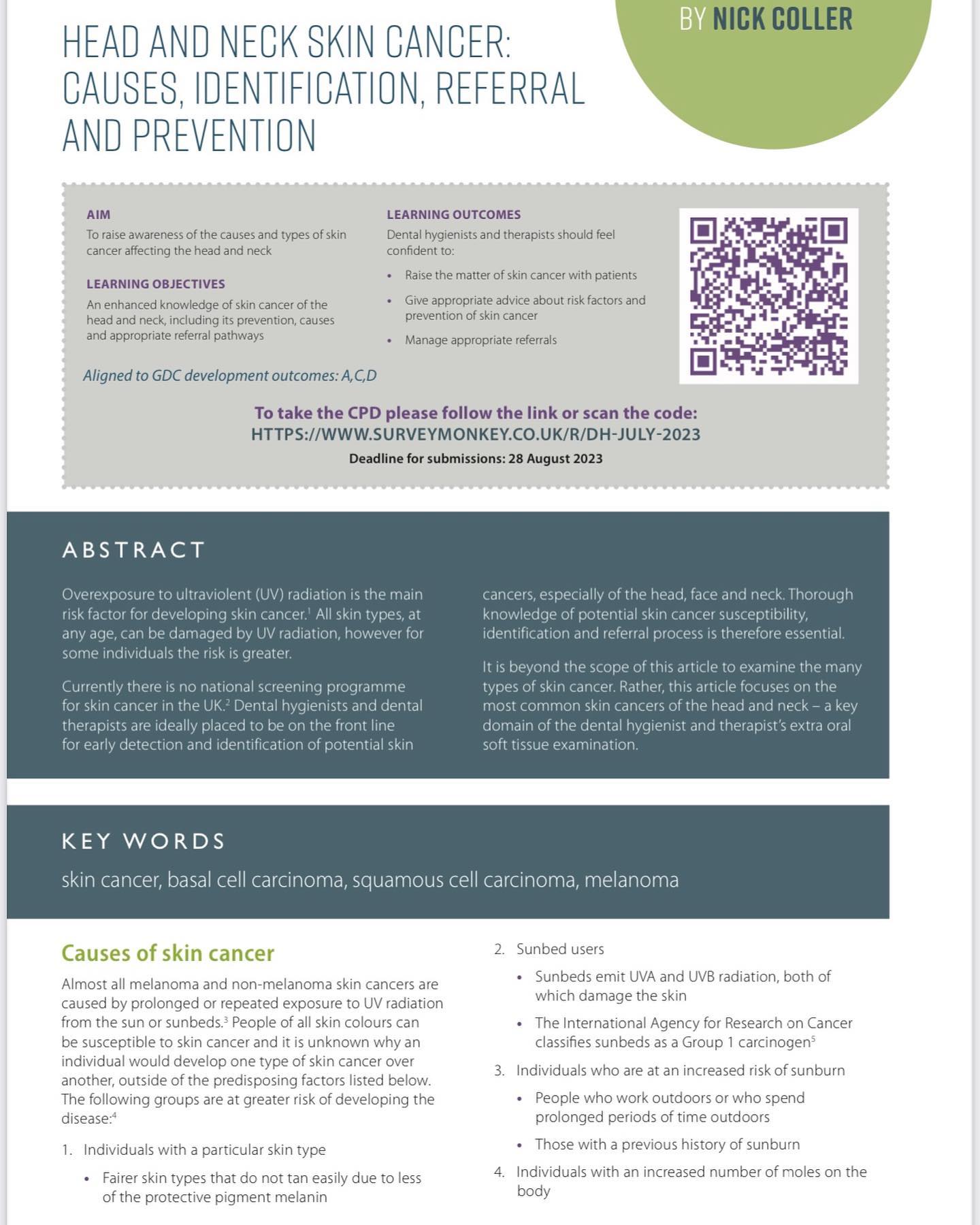 📖 PRESS 📖
Latest article of cancer of the head and neck
Link to follow.
.
.
.
.
#melanoma #melanomaawareness #skincancer #skincancerawareness #skincancerprevention #basalcellcellcarcinoma #squamouscellcarcioma #dentalauthor
