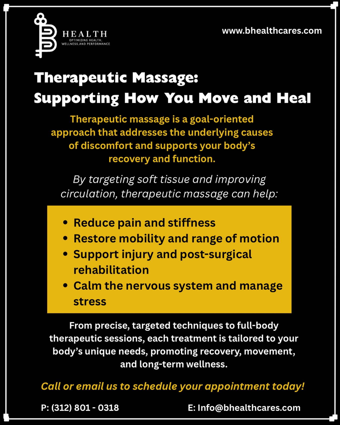 Therapeutic massage is more than a wellness treat—it is a purposeful, health-focused service that supports recovery, mobility, and overall physical function.
At B-Health, massage is integrated into a broader healthcare approach, helping your body recover from injury, manage chronic tension, or heal after surgery.
Our services include deep tissue, sports, myofascial, oncology, medical, prenatal, and hot stone massage, as well as gua sha, cupping, and lymphatic drainage.
Each session is customized to target your specific needs, addressing the root causes of pain and tension while supporting circulation, mobility, and nervous system balance.
This is not one-size-fits-all care. Our therapeutic approach considers your body, routines, and goals, helping you move better, recover faster, and maintain long-term wellness.
At B-Health, we focus on results-driven care—supporting your body so you can stay active, healthy, and engaged in your daily life.
Call or email us today to schedule your appointment!
#physicaltherapist #wellness #bhealth #communitycare #massagetherapy