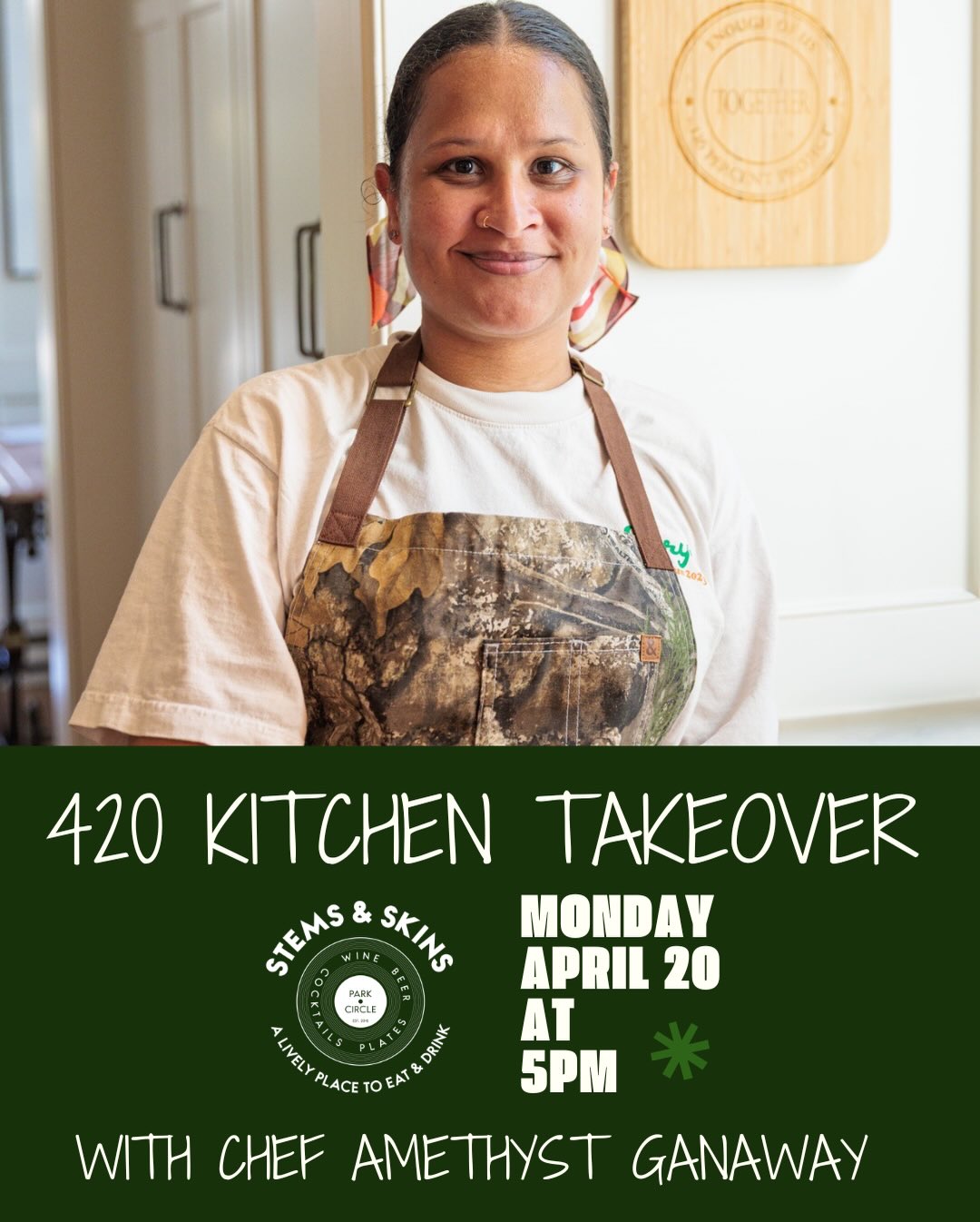 Celebrate the stoners’ holiday at @stemsandskins with a special kitchen takeover by Chef Amethyst Ganaway 🌿
Next Monday, 4/20, come hungry. Guests can expect beautiful spring produce, local seafood, and dreamy vegetarian dishes!
Swipe for the menu. You won’t want to miss this one!