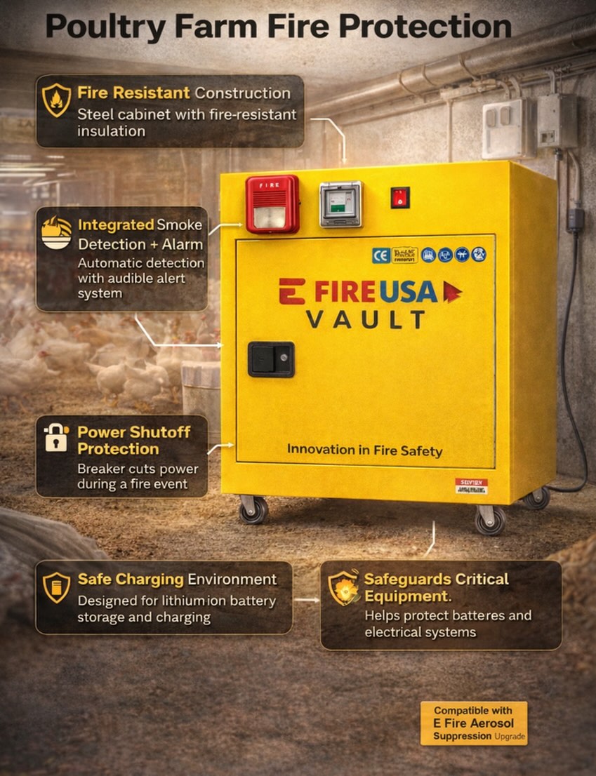 Poultry Farm Fire Protection 🐓
Fire risk in agricultural environments is often driven by electrical systems, dust buildup, and confined equipment areas.
The E Fire Vault is designed to help contain and manage these risks by protecting lithium-ion batteries and critical electrical components at the source.
✔ Fire-resistant cabinet design
✔ Integrated detection + alarm
✔ Built for safe charging and storage
Because when it comes to fire safety, there is never enough protection.
#firesafety #industrialsafety #lithiumion #batterysafety #fireprotection