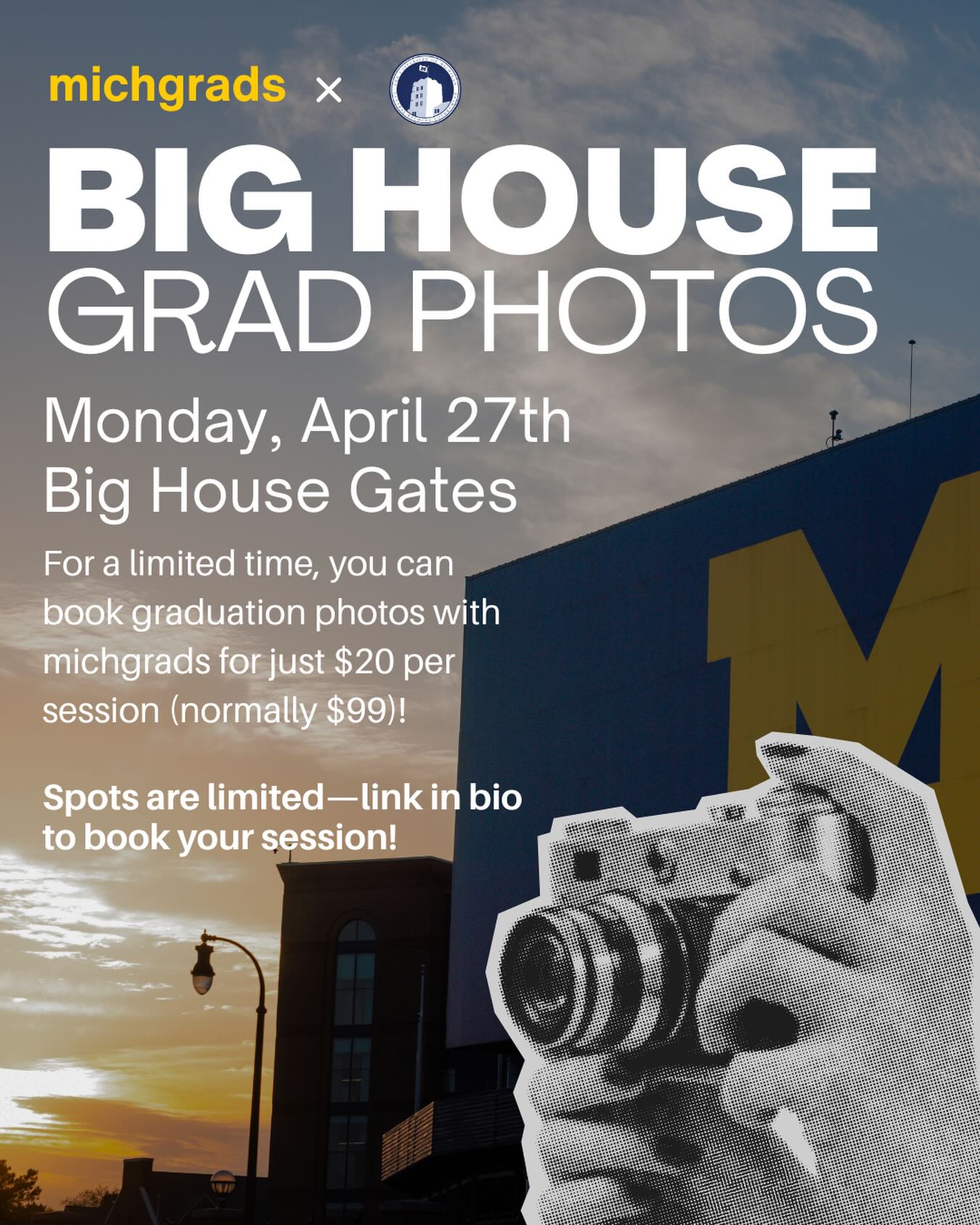 Grad photos, at the Big House Gates! 〽️〽️〽️ CSG is offering an additional subsidized graduation photos session with @michgrads next Monday, 4/27! Learn more and snag your spot at the link in bio!
Priority will be given to Pell Grant eligible graduates!