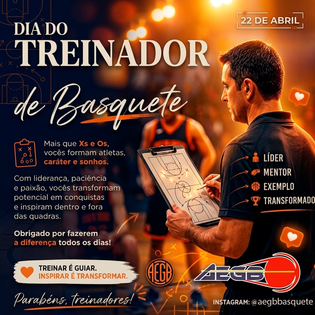 🏀 Homenagem ao Dia do Treinador de Basquete!
Mais que Xs e Os... vocês formam atletas, caráter e sonhos.
Com liderança, paciência e paixão, vocês transformam potencial em conquistas e inspiram dentro e fora das quadras. Obrigado por guiarem nossas equipes com tanta dedicação!
Treinar é guiar. Inspirar é transformar. ❤️
Parabéns, Treinadores! 🎉
#DiaDoTreinadorDeBasquete #AEGB #Basquete #CoachLife #Treinador #Homenagem #BasqueteBrasil