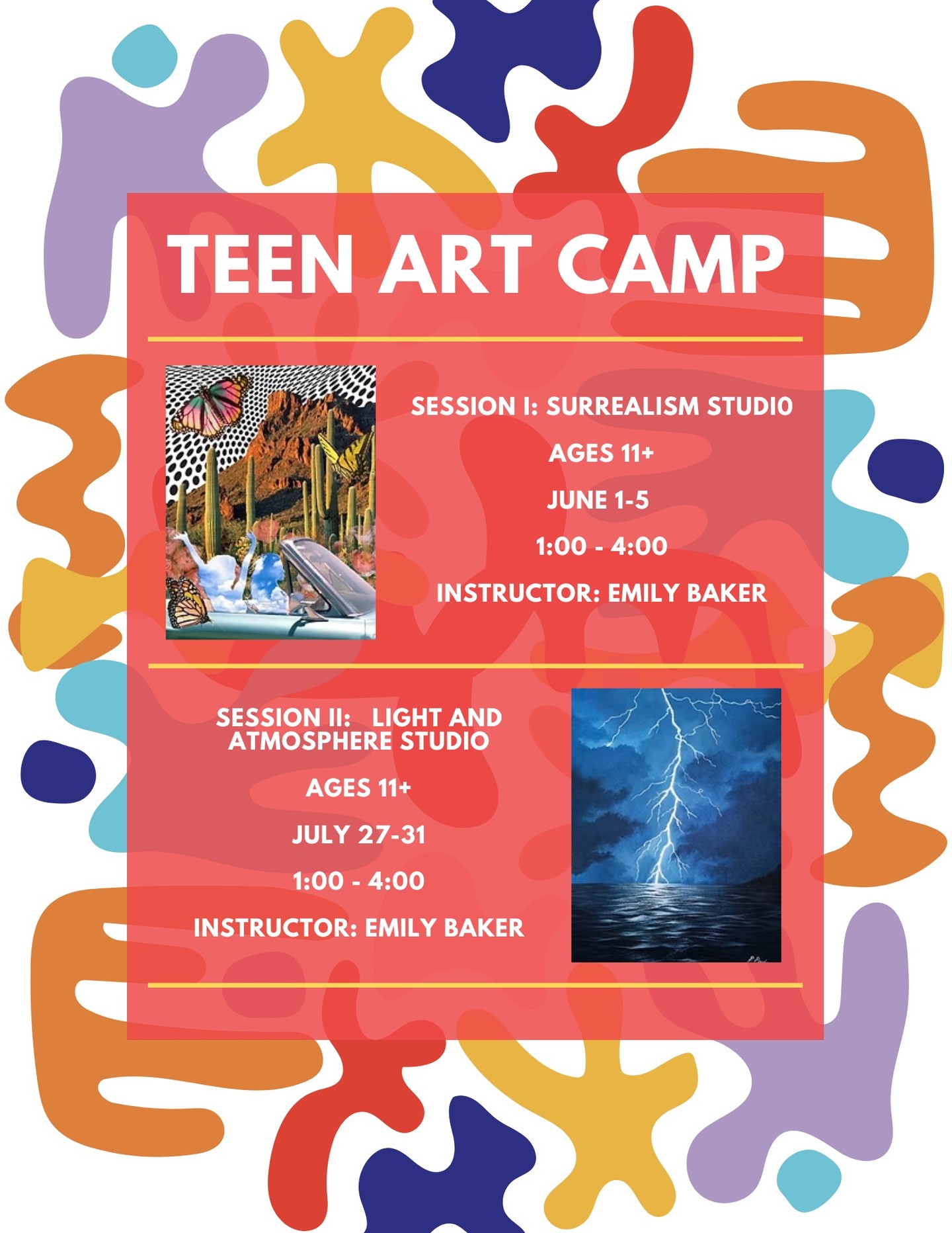 We have a few spots left in our Teen Art Camps! 🎨
In our Surrealism Studio Camp, artists will create double-exposure colored pencil drawings, photo-collage dreamscapes, reverse-perspective optical illusions, a melting-moon painting, and a surreal eye piece filled with symbolic detail. This camp encourages creative risk-taking, personal expression, and developing a unique artistic voice within the world of surreal art.
Light and Atmosphere Studio explores how artists use shadow and dramatic lighting to transform a scene’s mood. Students will create mixed media lightning bugs, a dramatic painting of a lightning storm, candle-lit oil pastel studies, and atmospheric foggy forest drawings. The week ends with a personal-choice final piece where students apply the lighting techniques they’ve mastered to create their own atmospheric artwork.