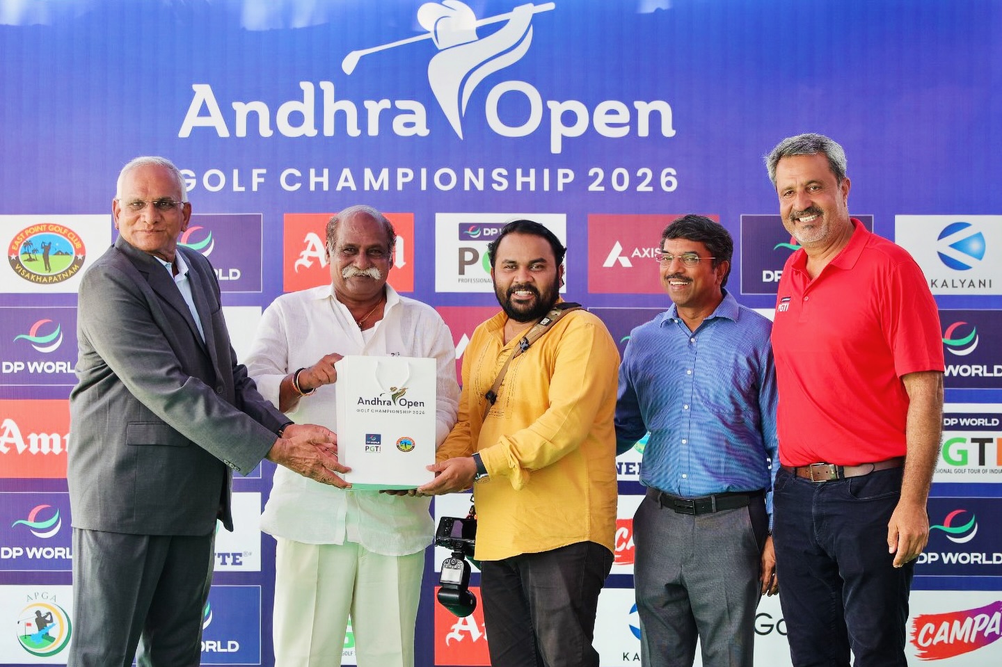 An unexpected victory: winning the media golf contest held on the sidelines of the Andhra Open Golf Championship 2026, and receiving the winner’s hamper from Velagapudi Ramakrishna Babu, MLA, Visakhapatnam East, in the presence of Amandeep Johl, Chief Executive Officer, PGTI; M.S.N. Raju, Honorary Secretary, EPGC, and President, APGA; and P. Ramakrishna Rao, Treasurer, EPGC, and Honorary Secretary, APGA.