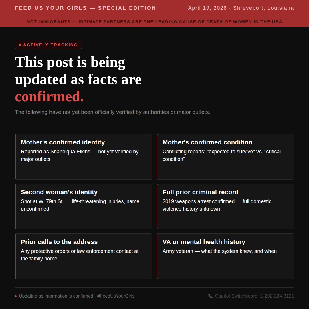 What this mother will wake up to: BY THE NUMBERS 8 — children killed, ages 18 months to approximately 14 7 — of the 8 were Elkins' own children 1 — child killed who was not his, because proximity was enough 1 — 13-year-old who jumped off a roof and survived with broken bones 2 — women shot; his wife, the mother of seven of the children, shot first on Harrison Street, condition conflicted (updating); second woman at West 79th Street in life-threatening condition (identity unconfirmed, updating) 10 — total people shot by one man on one Sunday morning 4 — locations in the crime scene: two houses, a carjacking site, a Bossier Parish shootout 1 — prior weapons arrest, 2019,