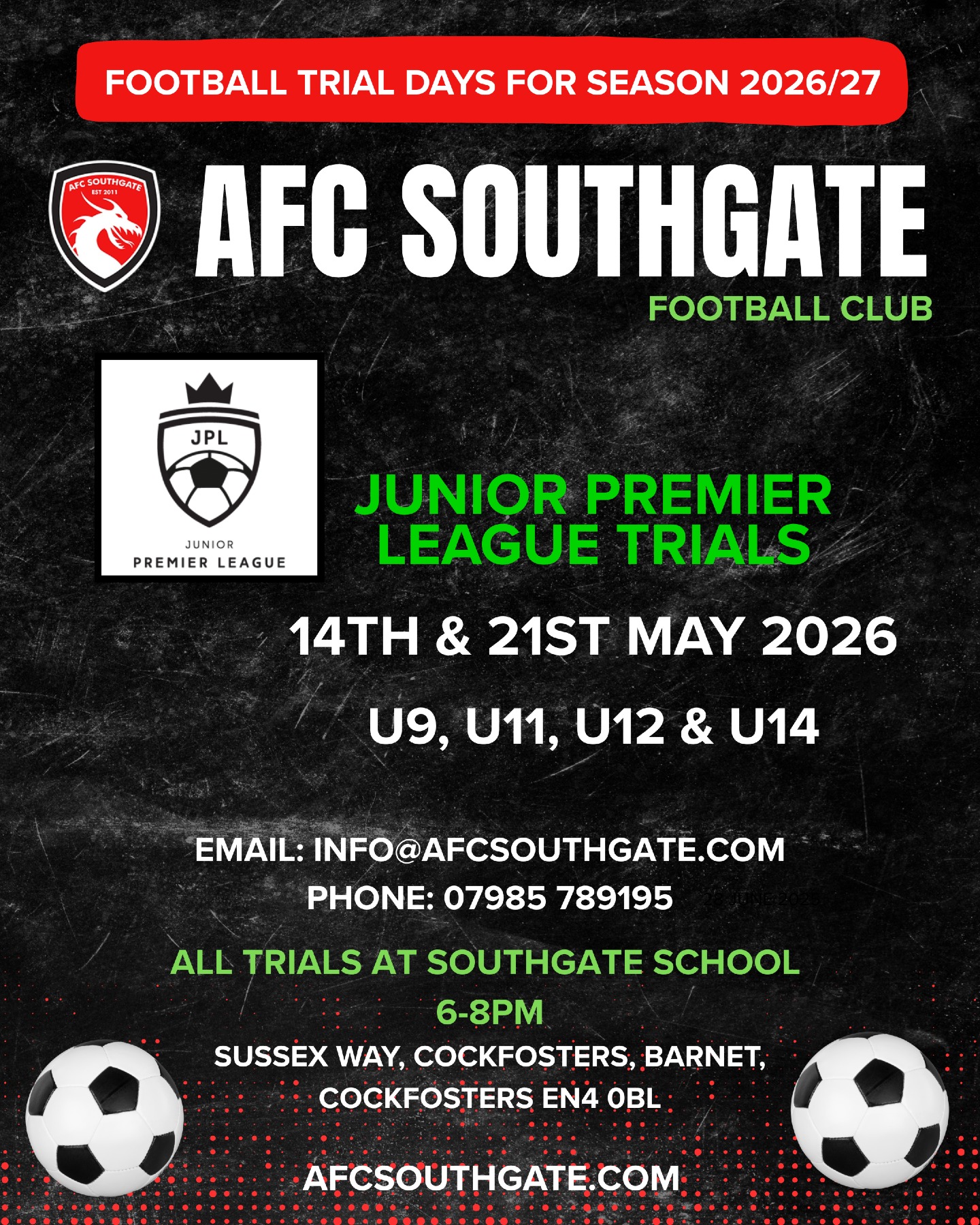 🔴 AFC SOUTHGATE JPL TRIALS – 2026/27 SEASON 🔴
We’re now recruiting players for our Junior Premier League (JPL) teams for the 2026/27 season.
This is a great opportunity for players who are ready to compete at a higher level, develop their game in a strong environment, and be part of a competitive squad.
📅 Trial Dates: 14th & 21st May
👥 Age Groups: U9, U11, U12 & U14
⚽ Train twice a week
⚽ Weekly futsal sessions
⚽ Matches on Saturdays
⏰ Time: 6:00 PM – 8:00 PM
📍 Southgate School, Sussex Way, EN4 0BL
Spaces are limited, so early booking is advised.
📩 To register, use the link in bio.
When registering, please include:
• Player name
• Age group
• Current club/team
#AFCSouthgate #JPL #JPLTrials #FootballTrials #YouthFootball #LondonFootball #JuniorPremierLeague #PlayerDevelopment #FootballAcademy