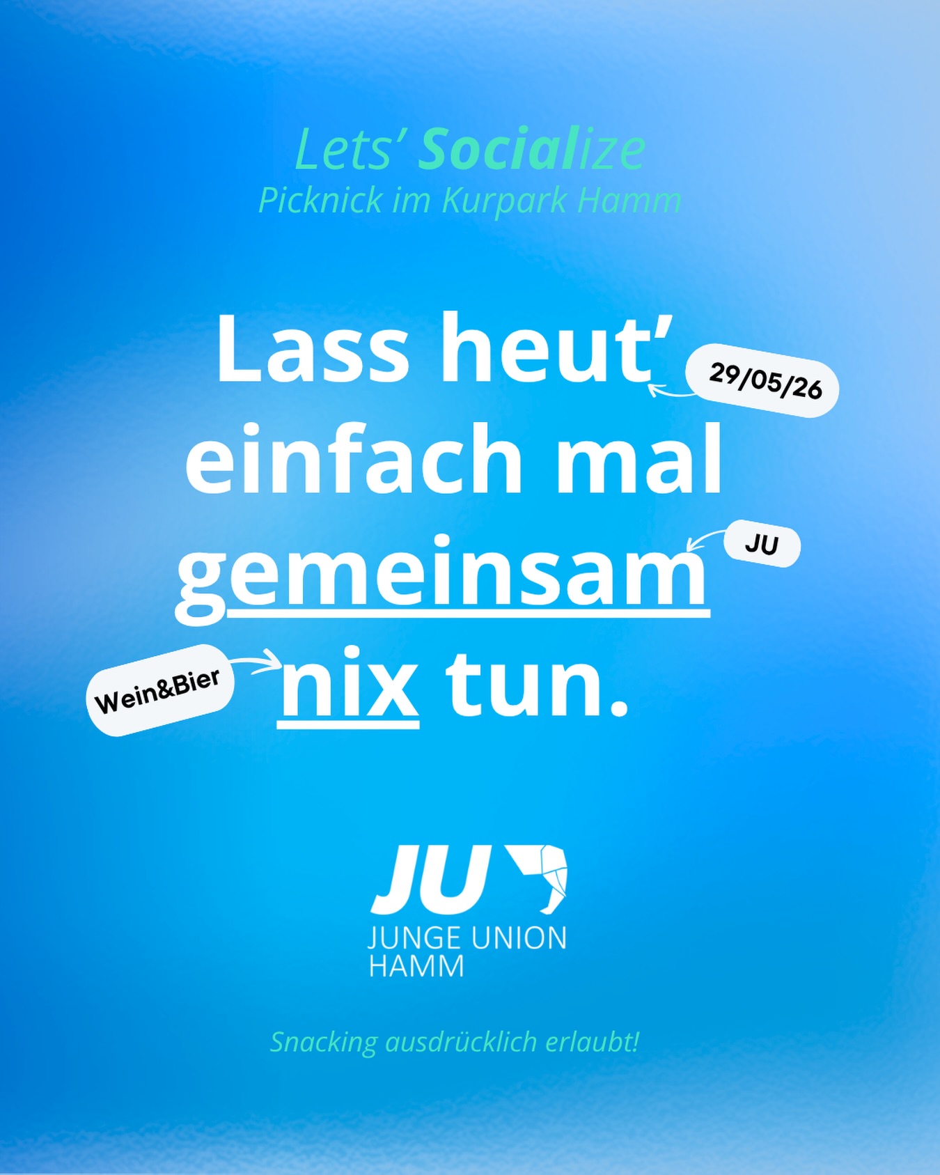 Statt Stammtisch, heut mal Nix tun. 🤝🔥
Am Freitag, 29.05.2026 ab 17 Uhr treffen wir uns im Kurpark und machen genau das, was sonst zu kurz kommt: einfach zusammen sitzen, quatschen und nichts müssen.
Wer mag darf was mitbringen, muss aber nicht. Für Snacks und Getränke sorgen wir!
Wir freuen uns auf dich!
#JUHamm #Picknick #AfterWork #Kurpark #Community