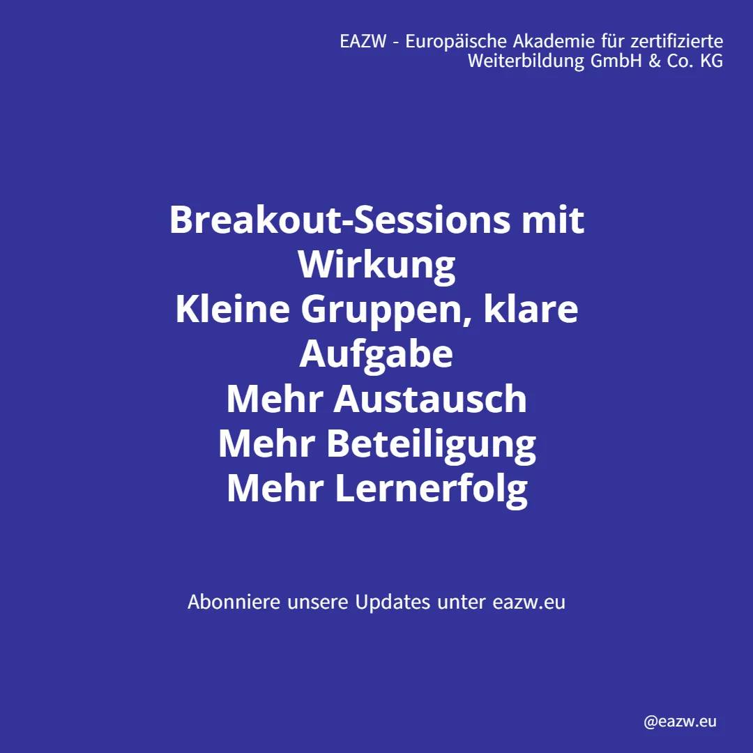 Darf es ein bisschen mehr sein? Wer kennt die Frage noch von der Wursttheke?
Ein bisschen mehr gilt auch für unsere Weiterbildungen! Online-Veranstaltung mit Schlafmodus 😴? Nicht bei uns. 😄
Interaktive Breakout-Sessions holen Teilnehmende aus der Zuschauerrolle und bringen sie in den Austausch und ins TUN.
So funktioniert’s praxisorientiert:
- Kleine Gruppen mit klarer Aufgabe bilden
- Einen konkreten Arbeitsauftrag geben, zum Beispiel Fallbeispiel, Checkliste oder kurze Entscheidung
- Zeit knapp halten, damit der Fokus bleibt
- Ergebnisse im Plenum bündeln und sichtbar machen und das Wichtigste: auch über den Arbeitsprozess sprechen!!!
Warum das wirkt:
Wer selbst formuliert, vergleicht und entscheidet, lernt nachhaltiger als beim reinen Zuhören. Breakouts schaffen Beteiligung, geben auch stilleren Stimmen Raum und machen komplexe Inhalte greifbar. Das ist wie ein Scheinwerfer im Seminarraum: Plötzlich sieht man nicht nur den Vortrag, sondern auch das Denken der Gruppe.
Für unsere Online-Formate heißt das: weniger Frontalbetrieb, mehr Mitdenken, mehr Praxisbezug, mehr Selbermachen, mehr Lernerfolg. Ein Blick auf unsere besondere Bildungsarchitektur gefällig? Dann lohnt sich der Blick auf unsere spezielle Bildungsarchitekturseite!
Welche Aktivierungsmethode nutzt Du gerne in Online-Sessions?
EAZW - Wissen, das wirkt 🚀
#weiterbildung #methodenkompetenz #energizer #handlungsorientiert #lernen