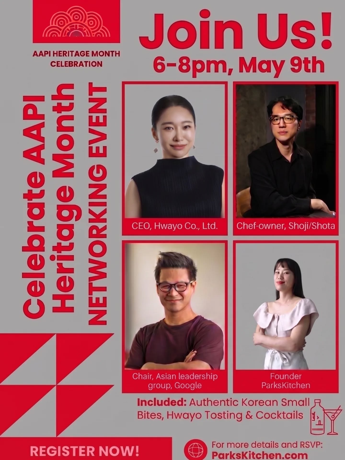 Let's celebrate the month of AAPI heritage together!
It will be a fun and meaningful networking party with great panels. Let's share our community's pride and stories with Korean authentic finger foods and Hwayo cocktail and premium Soju tasting!
@hwayo.official
@shoji_sf
See you soon! ❤️
Tickets 🔗 in Bio
Date: 6-8pm, May 9th
*Sold Out*
#AAPI
#Hwayo
#Shoji
#Google
#ParksKitchen