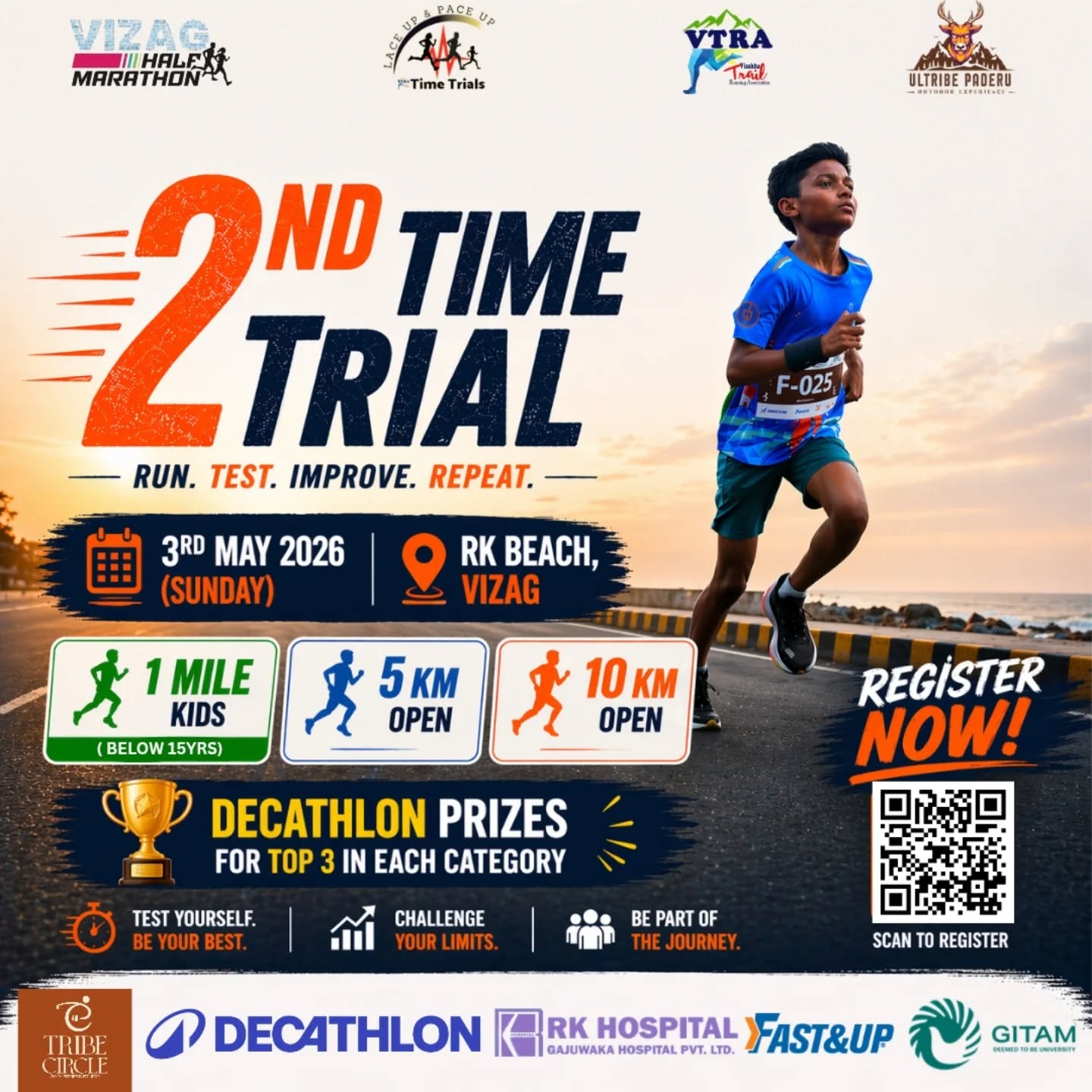 ๐TIME TRIALS SEASON 5 - MAY RUN
April run is done!
Missed it? Don't worry - 5 more to go! Maybe May is your perfect start
Already running? Keep up the momentum!
Did you know?
Participate in any 4 out of 6 runs and get rewarded with an exclusive Decathlon T-shirt!
Date: Sunday, 3rd May 2026
Time: 5am onwards
Location: RK Beach, Visakhapatnam
Lace up. Show up. Let's go!
#VTRA #VHM2026 #TimeTrials #VizagTrailRunners #LaceUpPaceUp