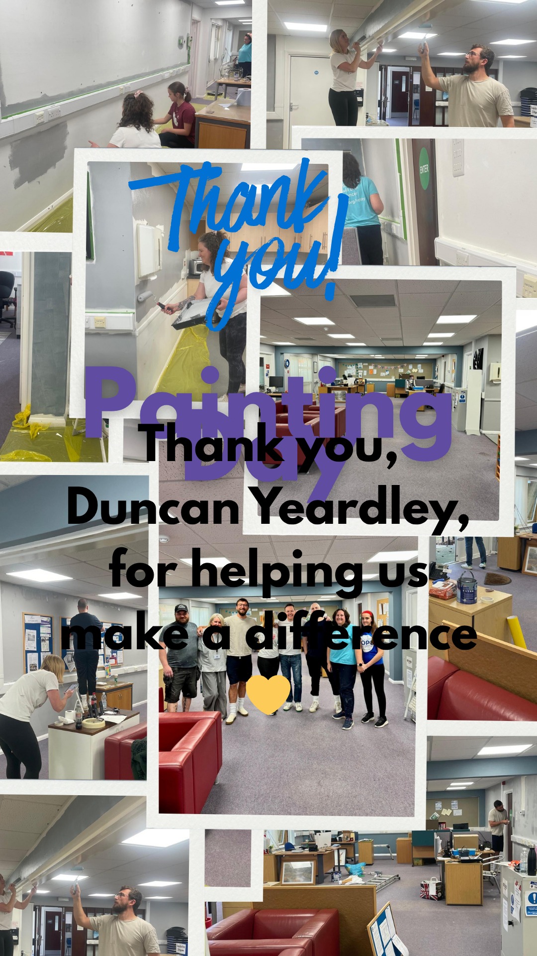 A huge thank you to Duncan Yeardley and Sears along with Aaron and Jack from APL Roofing, who very kindly gave up part of their Sunday to help us paint our main office area and kitchen 🎨
We’re so grateful for the time, energy, and good humour you brought with you—it’s made such a difference to the space and has really helped brighten things up for the team.
We honestly can’t thank you enough for supporting us in this way. Acts like this make a real impact for us as a charity and for the young people we work with 💛