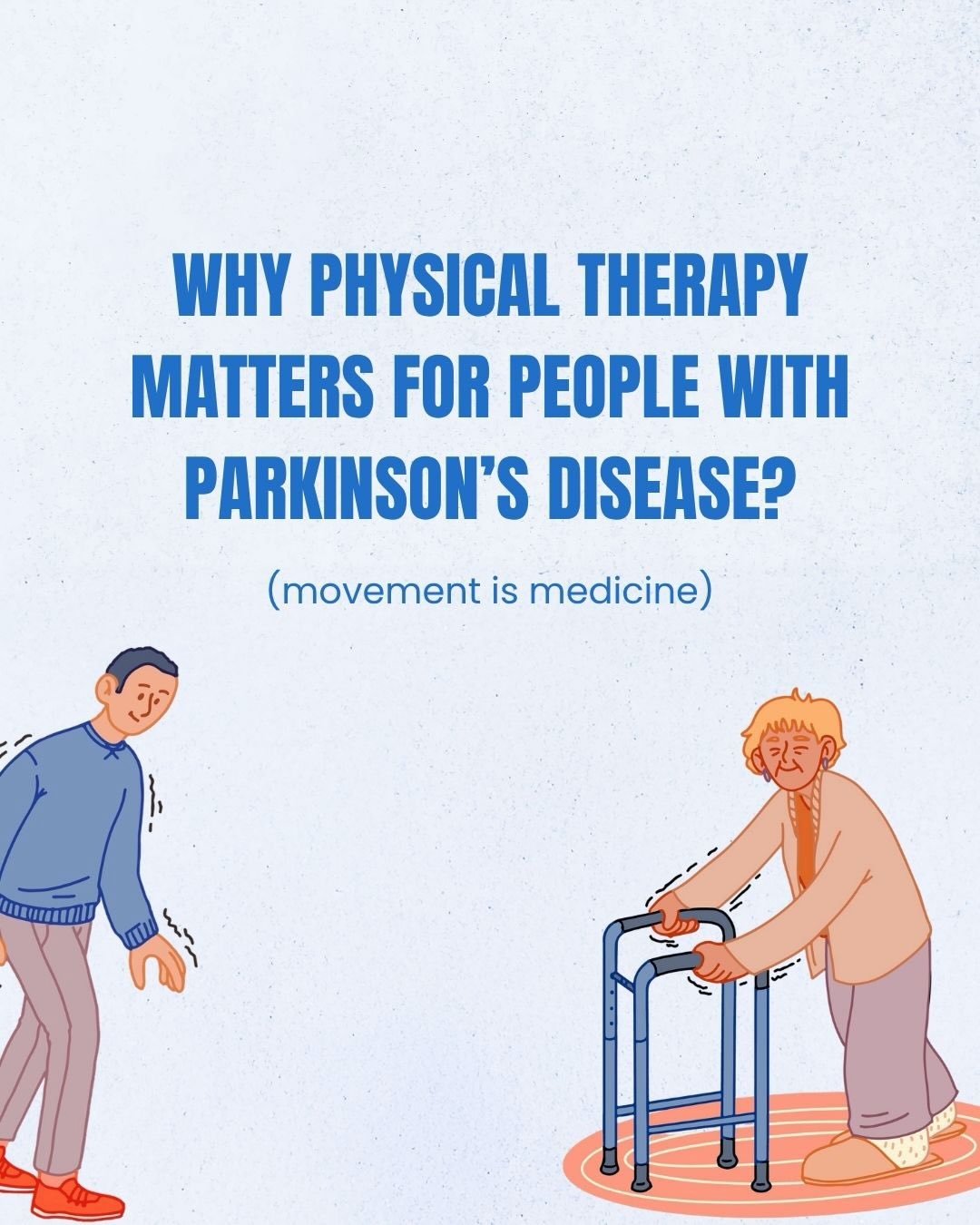 April is Parkinson’s Awareness Month. Over 10 million people worldwide are living with Parkinson’s Disease (PD). While most are diagnosed at 60 or after, about 10 percent of people are diagnosed before they turn 50. It is important to be aware of the symptoms and warning signs to look out for.
Physical therapy is not a recommendation but part of the management and care plan for PD. It helps slower progression of both cognitive and physical symptoms. If you live with PD or care for someone with PD, talk to the doctor about how Physical therapy can be a part of the care plan.