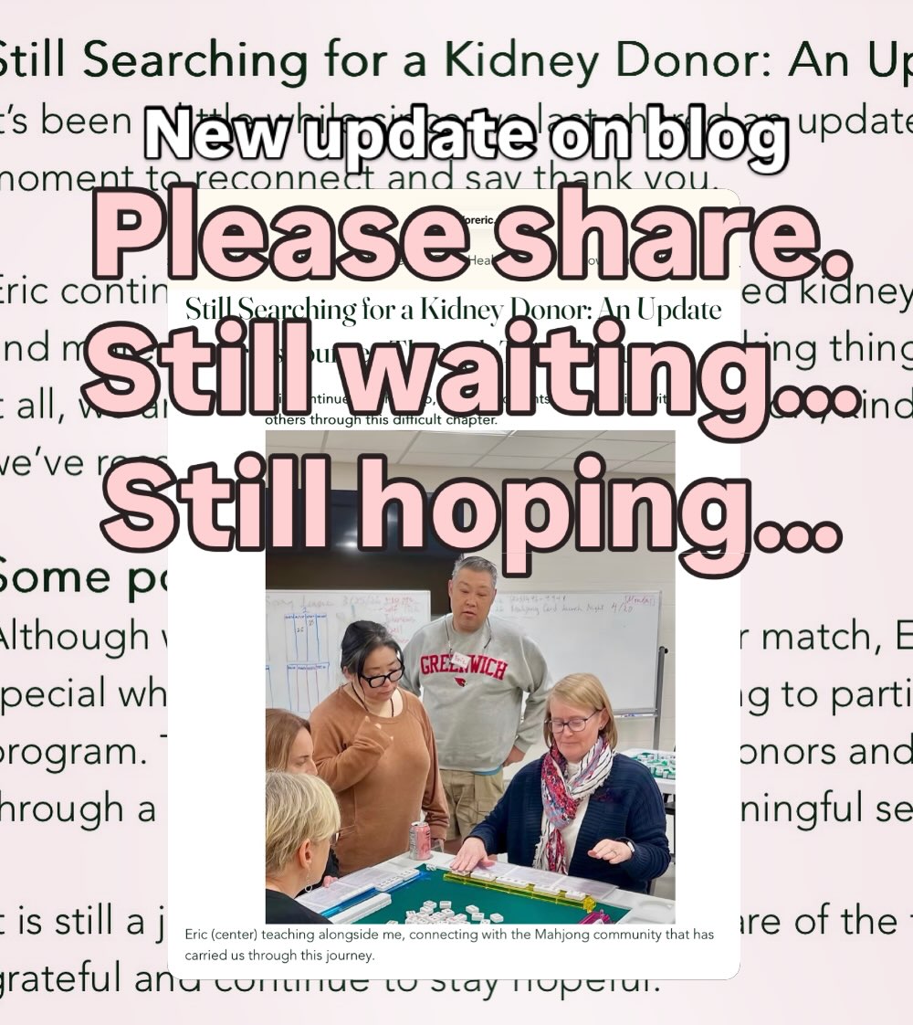 I shared an update about Eric today.
We are still searching for a kidney donor, and remain hopeful.
So grateful for someone special who has stepped forward to begin the exchange process.
Please continue to keep everyone in your thoughts. 🤍
Link in bio if you’d like to learn more.