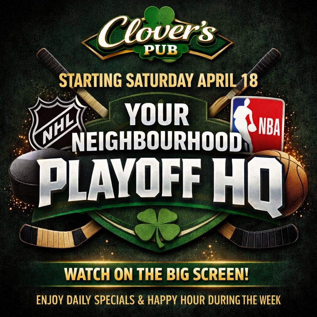 Playoff season is here 🏒🏀
Starting Saturday April 18, catch every NHL & NBA playoff game at Clover’s Pub — your neighbourhood playoff HQ. Big screens, great atmosphere, and all the action live.
Bring your crew and lock in your spot early.
#CloversPub #NHLPlayoffs #NBAPlayoffs #GameNight #tottenhamontario