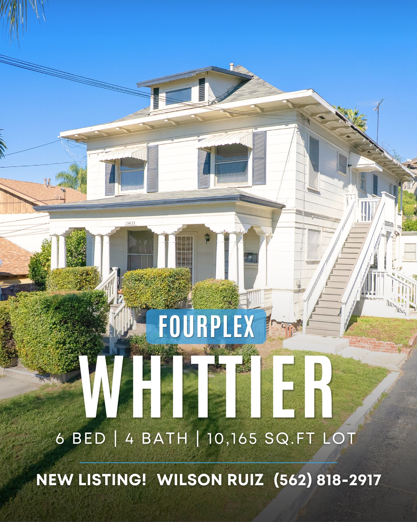 For Sale‼️🏡
13453 Bailey Street, Whittier, CA 90601
FOURPLEX! Selling ‘AS-IS” in the heart of Whittier, this apartment is a block away from Whittier College with a large lot, 2 updated units, private beautiful backyard and plenty of parking. Just a short walk to Uptown Whittier shops, dining and local spots, plus parks nearby and a quick drive to The Groves.
Property Highlights:
• Fourplex
• Unit A: 2 Beds & 1 Bath
• Unit B: 2 Beds & 1 Bath
• Unit C: 1 Bed & 1 Bath
• Unit D: 1 Bed & 1 Bath
• 2 Updated Vacant Units
• A Block Away from Whittier College
• Detached Carport
• 2,614sq.ft • 10,165sq.ft
Priced to sell $1,299,000. Submit your offers today!
Call me: (562)818-2917
DM me for a showing
or visit my website-link in bio!
#propertyinvestments #whittier #realtor #socalrealestate #apartmentforsale