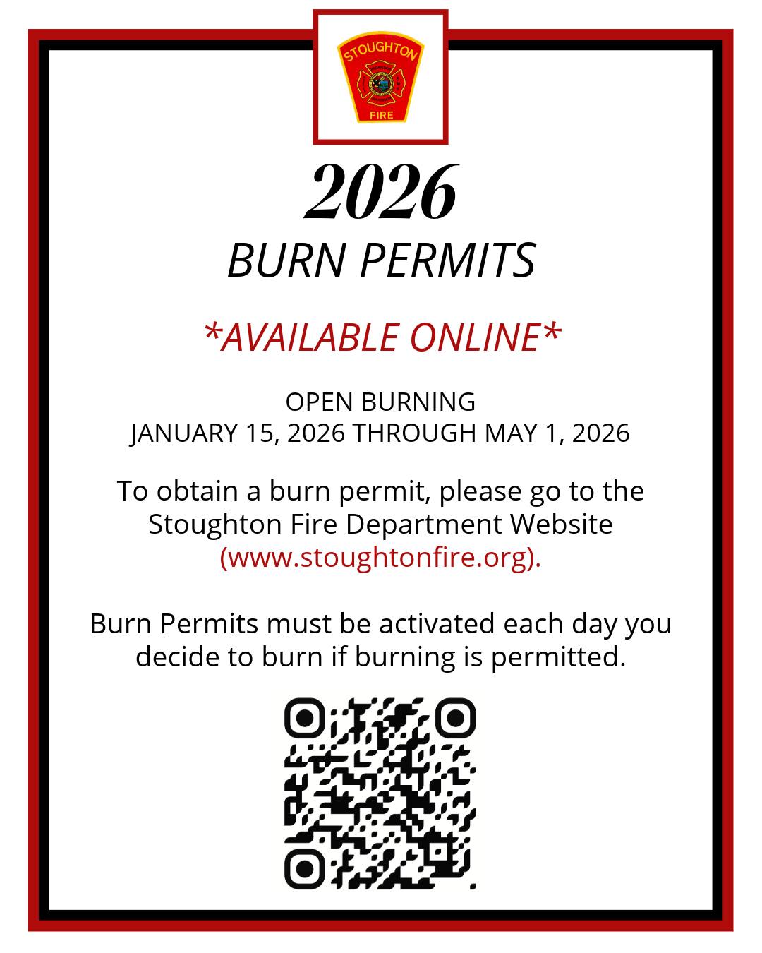 The 2026 burning season officially began on January 15 and will remain open through May 1, 2026.
To obtain a permit, please visit the Stoughton Fire Department website or follow this information.
#SFD #firesafety #brushburning #burnpermit