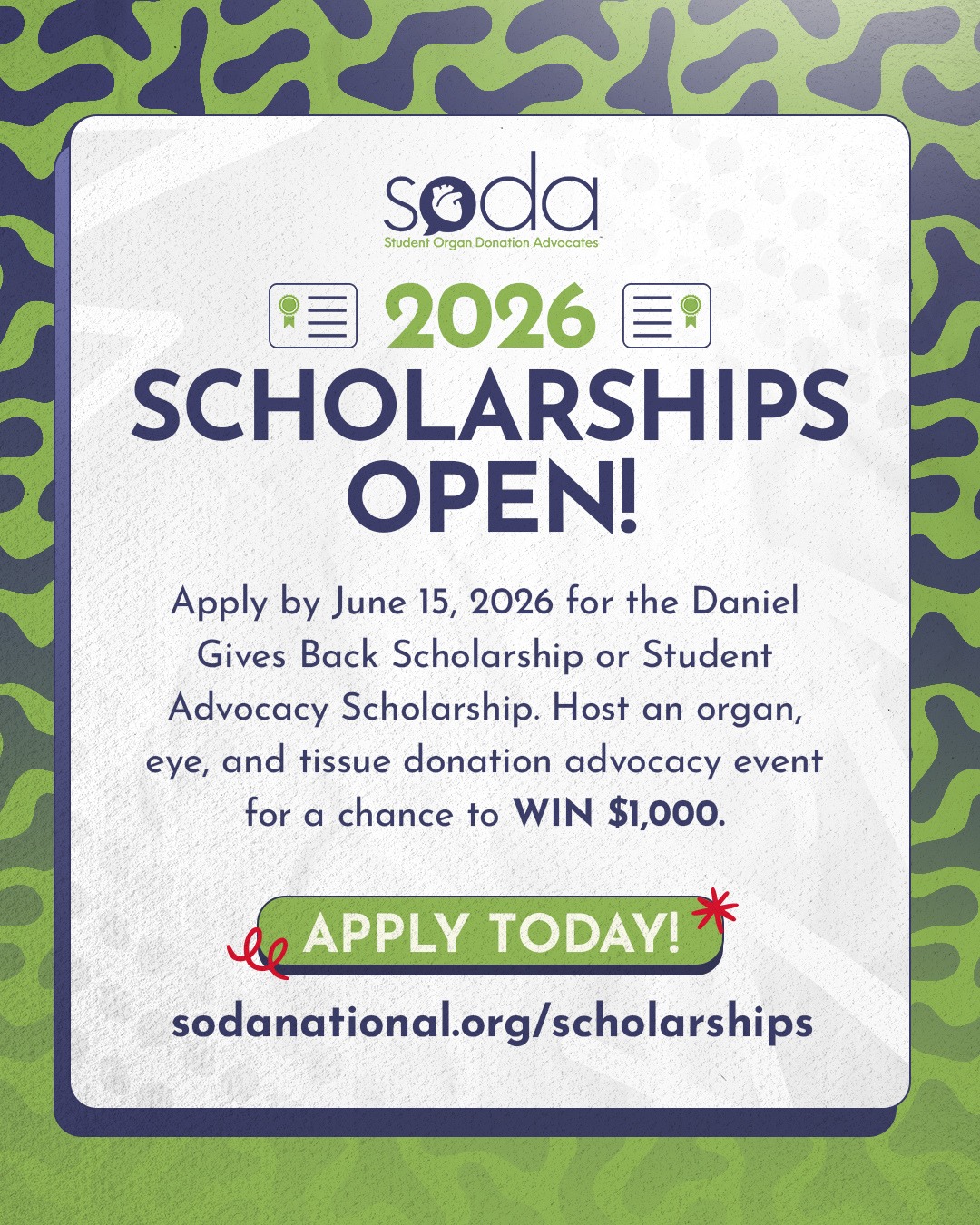 Stop scrolling—this could help fund your impact. 🎉
SODA’s 2026 scholarships are officially OPEN:
• Student Advocacy Scholarship with @second.chance.fund
• @daniel.gives.back Scholarship
• HBCU Legacy Scholarship
If you’ve been advocating for organ, eye, and tissue donation, this is your chance to be recognized and supported for the work you’re already doing.
🗓 Apply by June 15
🔗 Link in bio