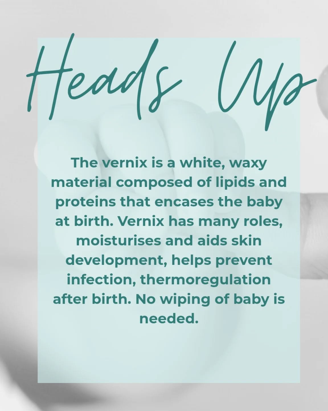 Instead of asking should we wash vernix off we should be asking why would you wash it off. Vernix is a natural protective layer for your babies skin during pregnancy and after their birth! #vernix #newborn #birthchoices #pregnancy #birthdoula