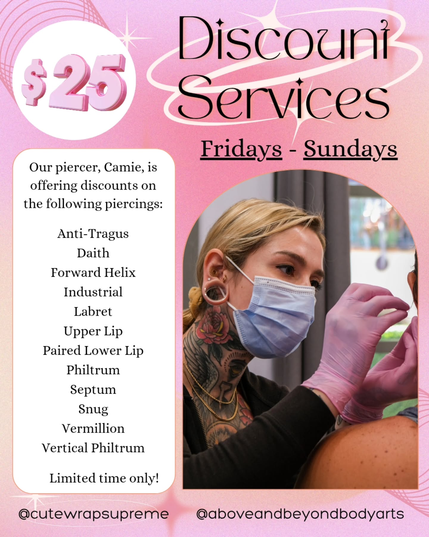 Camie's offering a whole new batch of discount piercing services!
Our associate piercer, Camie ( @cutewrapsupreme ), is currently offering a select number of piercing services at the discounted price of $25 per piercing. These are available by appointment only, Friday through Sunday weekly. The current list of offerings include:
Anti-Tragus, Daith, Forward Helix, Industrial, Labret, Upper Lip (Single or Paired), Paired Lower Lip, Philtrum, Septum, Snug, Vermillion, Vertical Philtrum
Click the link in our bio to read more info under our FAQ sections, to check out Camie's portfolio, or to book one of these for yourself! Just look for the " Associate Piercer " label!
#safepiercing #appmember #piercing #805 #santabarbara