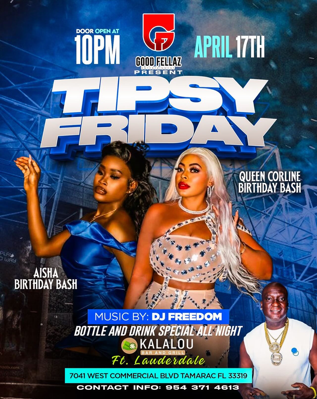 It’s going down tonight at Kalalou Bar and Grill Ft. Lauderdale 🔥
TIPSY FRIDAY
Celebrating Aisha Birthday Bash and Queen Corline Birthday Bash 🎉
Doors open at 10 PM
Music by DJ Freedom
Bottle and drink specials all night
📍 7041 West Commercial Blvd, Tamarac, FL 33319
📞 954 371 4613
Pull up, show out, and celebrate with us all night long. The vibes are already on notice.
#TipsyFriday #KalalouFtLauderdale #BirthdayBash #DJFreedom #TamaracNightlife