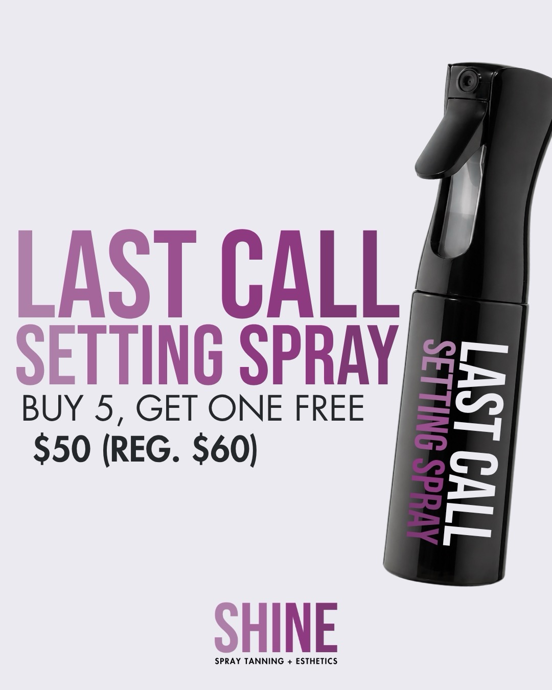 Your spray tan’s finishing touch 💜✨
If your spray tan has ever faded patchy, looked dry after a few days, or just didn’t seem to last… hydration could be part of the reason. Our Last Call Setting Spray is applied right after your spray tan to help lock in moisture while your color develops, helping your tan fade smoother and last longer. 🙌
Perfect for:
• dry skin
• flaky or patchy fades
• extending the life of your tan
• smoother, more even results
• anyone wanting their glow to last longer
AND right now… buy 5 Last Call Setting Sprays, get 1 FREE for just $50 (reg. $60)! 👏
Ask to add Last Call Setting Spray onto your next appointment at Shine. Book through the link in our bio or call a Shine studio! 💜
#shinespraytanning #omahaspraytans #spraytanprep #omahaesthetician