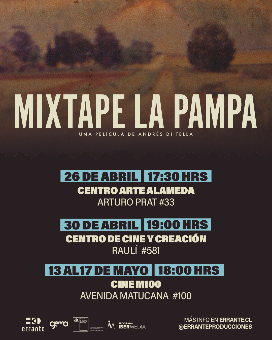 #MixtapeLaPampa | Funciones y Cineforos 🎥
📣 Este 22 de abril se estrena el más reciente largometraje del cineasta y escritor argentino Andrés Di Tella, "Mixtape La Pampa" inaugurando el foco gratuito presentado por la Cineteca Nacional de Chile, dedicado una de las voces más singulares del documental contemporáneo latinoamericano.
🎞️ "Mixtape La Pampa" es una coproducción argentina-chilena, producida por Gema Juárez Allen y Clarisa Oliveri de @gema.films y Paola Castillo de @erranteproducciones, tuvo su debut mundial en el Festival de San Sebastián y propone un viaje cinematográfico a través del territorio pampeano tras las huellas del escritor Guillermo Enrique Hudson, también conocido como William Henry Hudson, una figura marcada por múltiples paradojas.
🎥 Función Estreno Mixtape La Pampa
🗓️ Miércoles 22 | 19:00 hrs.
📍@cinetecanacionalcl (Sala de Cine, Nivel -2)
🎟️ Entrada liberada, previa inscripción, link en biografía.
📌 Exhibiciones de "Mixtape La Pampa" en Santiago
🗓️ 26 de abril - 17:30 hrs.
📍 @centroartealameda | Arturo Prat 33
🗓️ 30 de abril - 19:00 hrs.
📍 @cineccc | Raulí 581.
🗓️ Del 13 al 17 de Mayo | 18:00 hrs.
📍 Centro Cultural @matucana100 | Matucana 100.
🎬 SINOPSIS
A partir de un recorrido por la pampa argentina, Andrés Di Tella sigue la figura de Guillermo Enrique Hudson, naturalista, escritor y ornitólogo nacido en 1841 en la provincia de Buenos Aires y radicado en Inglaterra, cuya obra marcada por la distancia y la memoria, permite articular una reflexión sobre exilio, identidad y pertenencia.
#ErranteProducciones #CineChileno #CineDocumental #Largometraje #Documental #Cine #Memoria #CineLatinoamericano #CineArgentino #CineNacional #AndresDiTella #Documental #Argentina #Chile #Coproducción @andres_di_tella