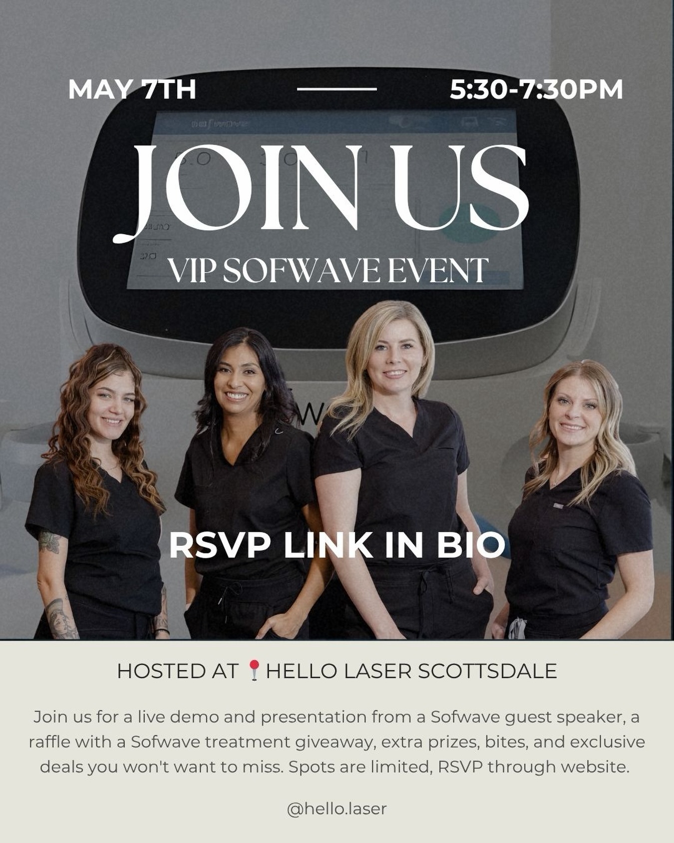 ✨ One night. One event. You don’t want to miss this.✨
We’re hosting a Sofwave Event on May 7th from 5:30–7:30 PM at Hello Laser Scottsdale, and it’s going to be a good one.
Here’s what’s in store:
🎤 Special guest speaker straight from Sofwave
💆♀️ Live demo & presentation
🎁 Raffle + Sofwave treatment giveaway
💸 Exclusive one-night-only promotions on Sofwave
Spots are LIMITED and this is not one to sleep on.
Whether you’ve been curious about Sofwave or you’re ready to take the next step, this is your night.
🔗 RSVP through the link in our bio
→ head to our website → click Events to reserve your spot!
See you May 7th 🥂
#SofwaveEvent #HelloLaserScottsdale #Sofwave #ScottsdaleEvents #SkincareCommunity