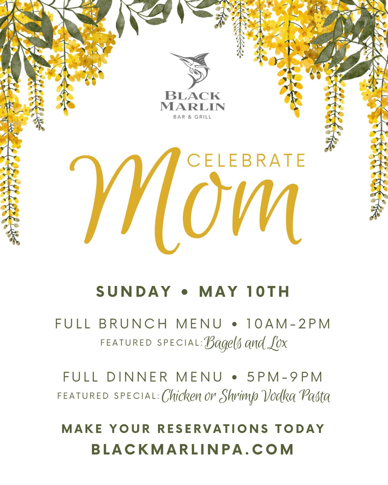 Celebrate Mom with a day she’ll truly enjoy 💛
Join us Sunday, May 10th for a special Mother’s Day at Black Marlin—featuring our full brunch menu from 10AM–2PM (don’t miss the Bagels & Lox!) and a full dinner menu from 5PM–9PM with a featured Chicken or Shrimp Vodka Pasta.
Make it easy, make it memorable—reserve your table today at BlackMarlinPA.com ✨
#MothersDay #CelebrateMom #BrunchPlans #DinnerDate #BlackMarlin SipAndSavor
