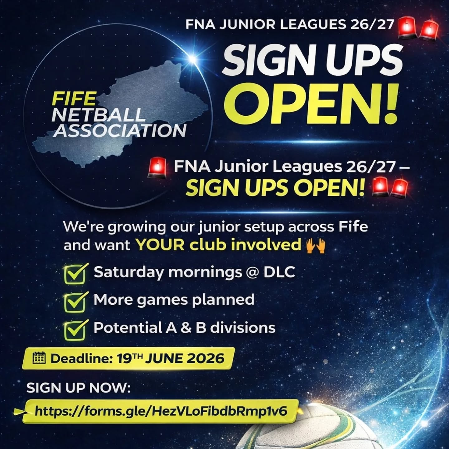This is the official sign up notification for FNA Junior Leagues 26/27.
We are looking to keep expanding & growing our junior set up in Fife, we would hope that all local clubs continue to support us.
Please note that ALL matches will be played on Saturday morning's @ DLC and will not clash, where possible, with other leagues.
From feedback we will try to increase the amount of games each team will play and depending on entries we may look to have A & B divisions.
CLOSING DATE FOR ENTRIES 19th JUNE 2026
Sign up using the link below:
https://forms.gle/HezVLoFibdbRmp1v6