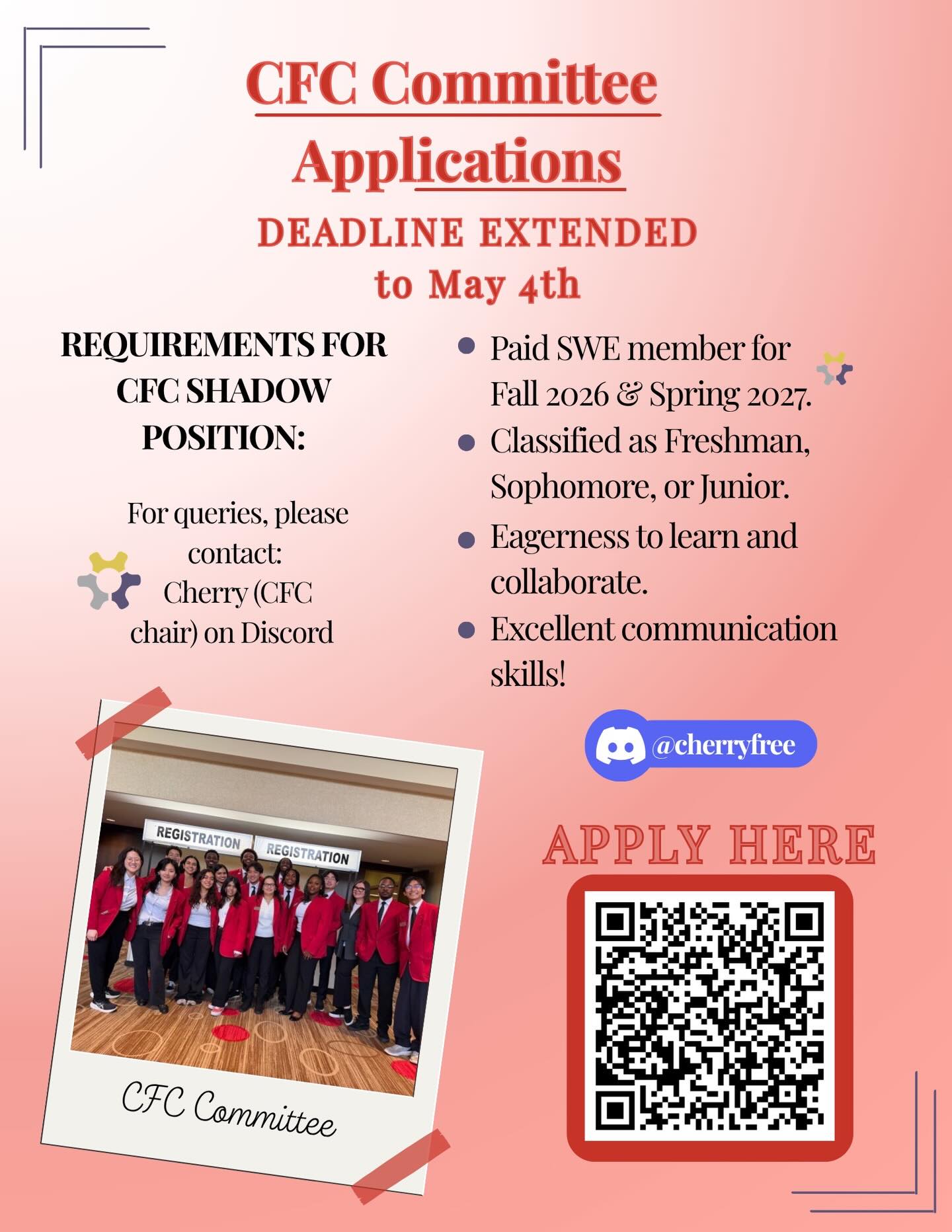 Weβve extended the deadline for the CFC Shadow position to allow more people the opportunity to apply.
CFC works with SWE, NSBE, SASE and SHPE to plan the Engineering Career Fair and other professional development events like company info sessions, Resume Cafe, Networking Social, and more.
Joining CFC is a great way to expand your professional and teamwork skills, become a leader, earn points for SWE, and network with employers by standing out at career events. Feel free to message me if you have any questions.
Apply by Monday, May 4th
