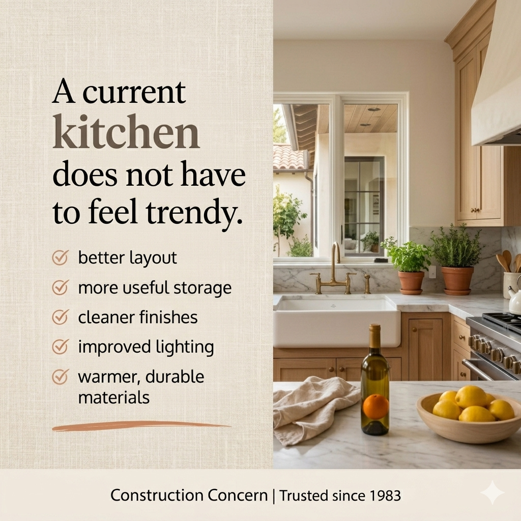A kitchen does not need to shout to feel new.
The best updates usually come from better flow, warmer materials, cleaner finishes, and details that make everyday life easier.
That is the kind of remodeling that lasts.
#ConstructionConcern #KitchenRemodel #KitchenDesign #WarmMinimalism #HomeUpgrade #LosAngelesHomes #TimelessInteriors #RemodelInspiration