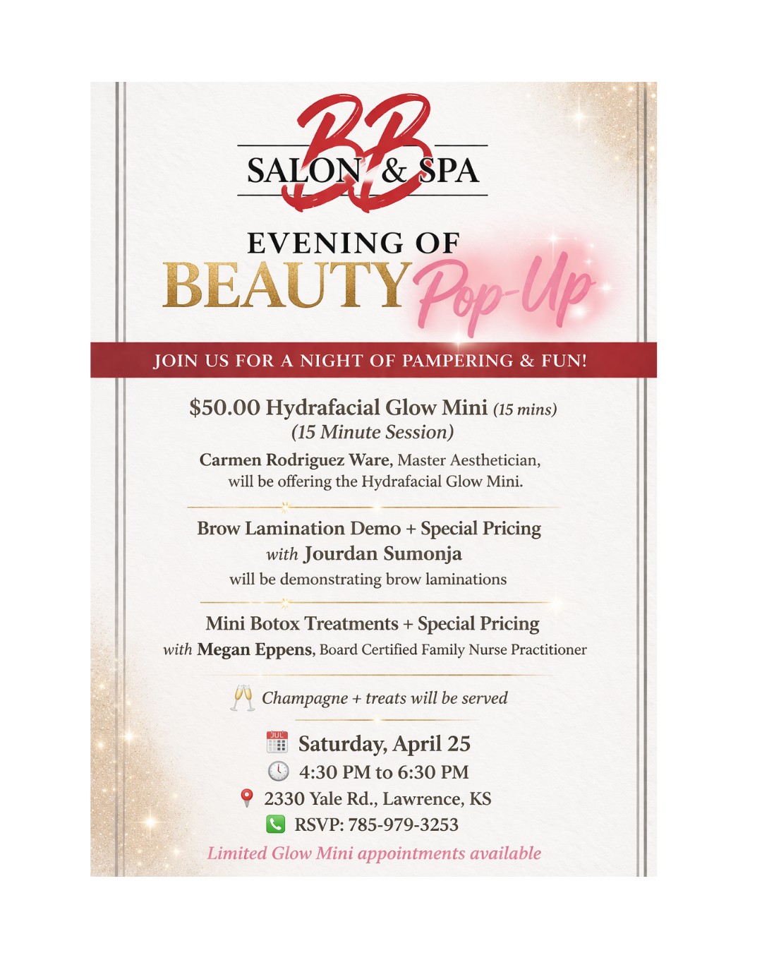 In collaboration with BB Salon & Spa , we are hosting an EVENING OF BEAUTY POP-UP and it's basically everthing you love in one place- Hydrafacialglow mini's, Botox, Brows, and Champagne!
Come hand out, treat yourself and take advantage of some really good event only specials!
Spots are limited (especially for Glow Mini's) so don't wait!
RSVP 785-979-3253
#Hydrafacial #Botox #BotoxLawrence #Hydraglow #Skinlove #glowup #browlami #browlamination