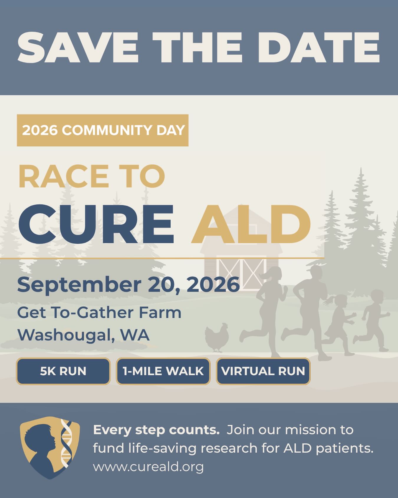 📆 Save the date
September 20, 2026
We’re bringing Race to Cure ALD to Get To-Gather Farm in Washougal, WA 🐓🌾
Run, walk, or join virtually from anywhere.
More than a race – it’s a farm day filled with fresh air, family fun, community, and hope for a better future for all ALD patients 💙
Stay tuned for more details.
#RaceToCureALD #StrongerTogether #Community #FarmDayFun @gettogatherfarm