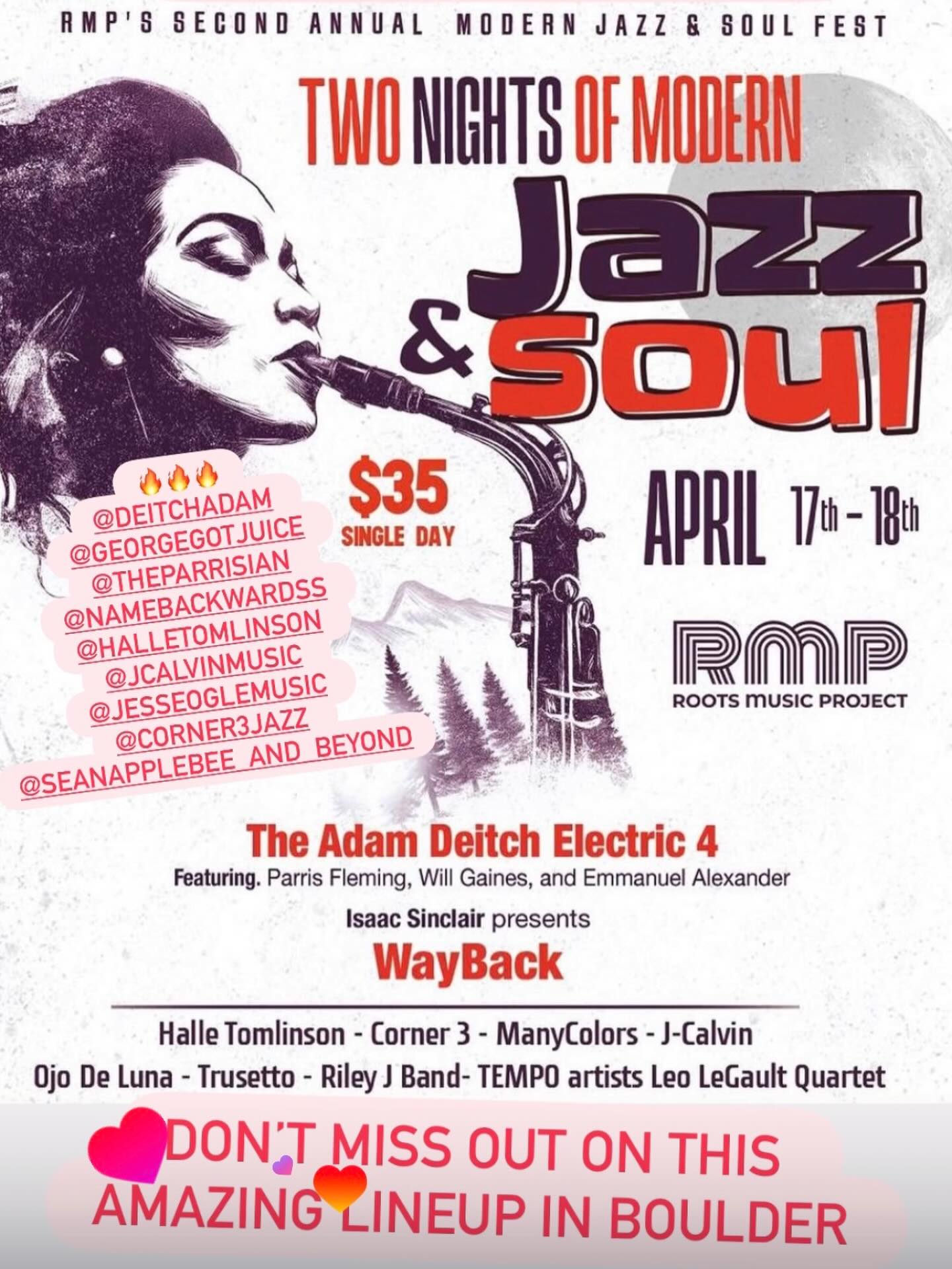 NIGHT TWO!!! Doors 6pm - TONIGHT 4/18
@deitchadam @georgegotjuice @theparrisian @namebackwardss @halletomlinson @jcalvinmusic @corner3jazz @seanapplebee_and_beyond