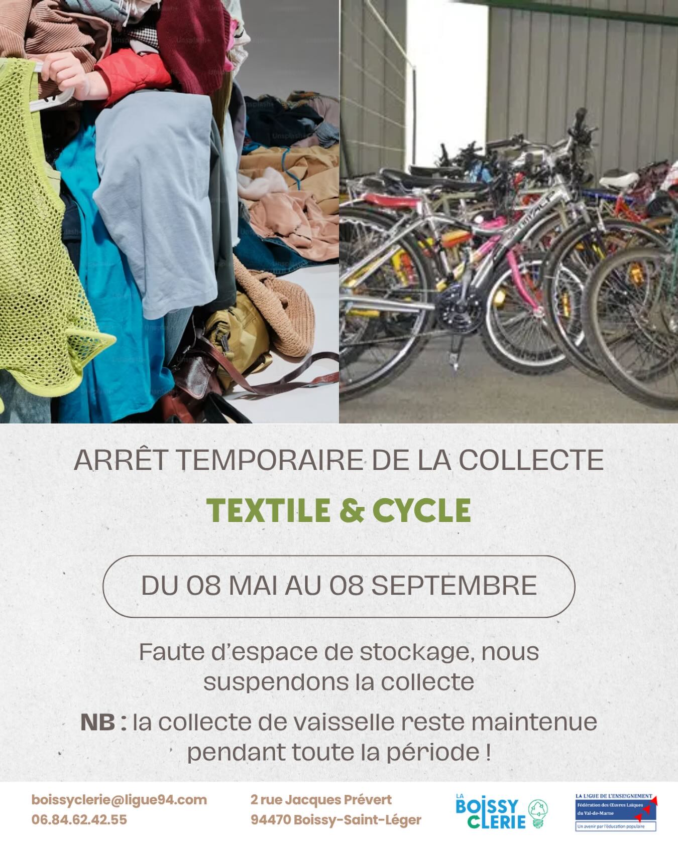 Petite pause pour mieux vous accueillir ensuite !
Nos espaces de stockage étant actuellement complets, nous ne pouvons plus recevoir de nouveaux dons pour le moment.
🤍 Un immense merci pour votre générosité, elle fait toute la différence !
Nous vous tiendrons informés dès la reprise.
Bonne nouvelle : la collecte de vaisselle reste ouverte pendant cette période ✨