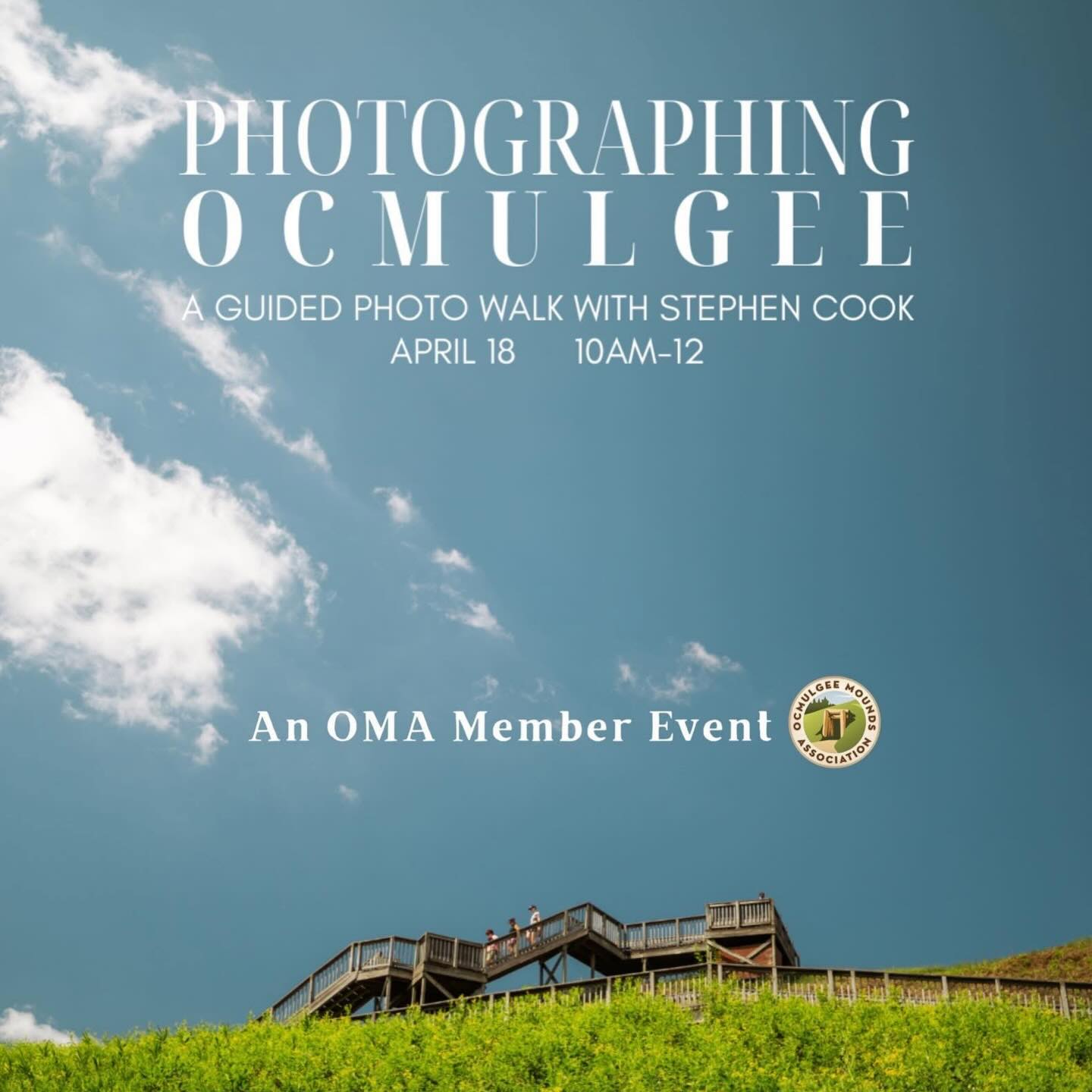 NEXT WEEKEND ➡️
Photographing Ocmulgee 📸
An Ocmulgee Mounds Association Member event.
Local photographer Stephen Cook will lead a guided photo walk through Ocmulgee Mounds on Saturday, April 18 from 10am–12pm! Learn practical tips on composition, layering, and storytelling while exploring the trails.
DSLR, mirrorless, and phone photographers are all welcome.
This experience is for OMA members only, and space is limited. Reserve your spot at: omamemberphotowalk.eventbrite.com
Learn more about memberships—ocmulgeemounds.org/memberships