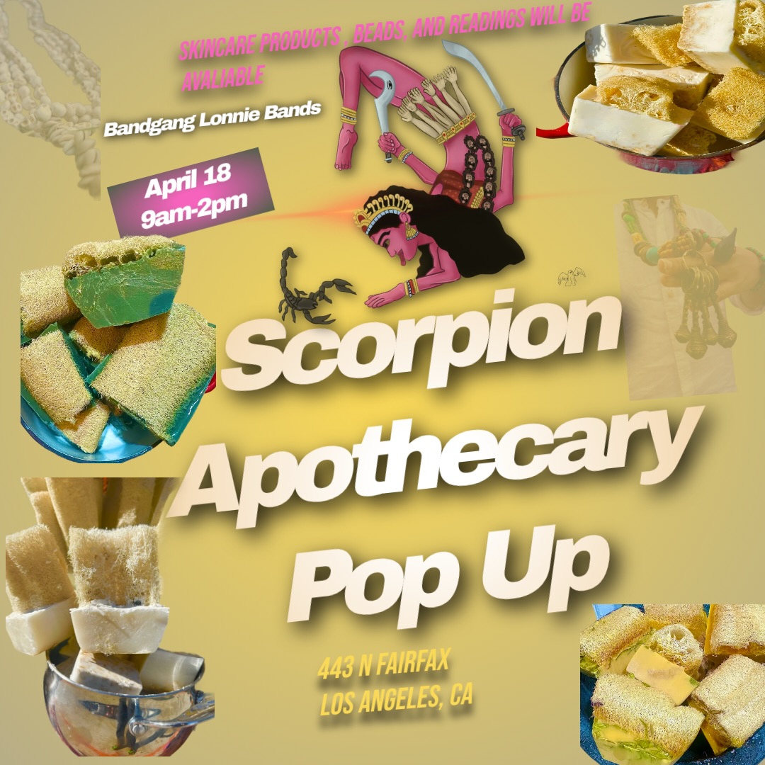 This Saturday I will be having my first pop up on Fairfax Blvd in LA introducing my new health and wellness buisness “Scorpion Apothecary” 🙏🏾. All of my products are 100% vegan and hypoallergenic. My inventory will consist of oatmeal coconut milk, turmeric & bay leaf, and chlorophyll bar soaps. I will also have body scrubs (scented and unscented), Avocado Aloe Vera moisturizers and bespoke spiritual cleanses available. My personal spiritual advisor will be at my pop to provide reading and spiritual help to my entire fanbase and clientele. I’m looking forward to seeing you all there 🫡 #scorpionapothecary🦂