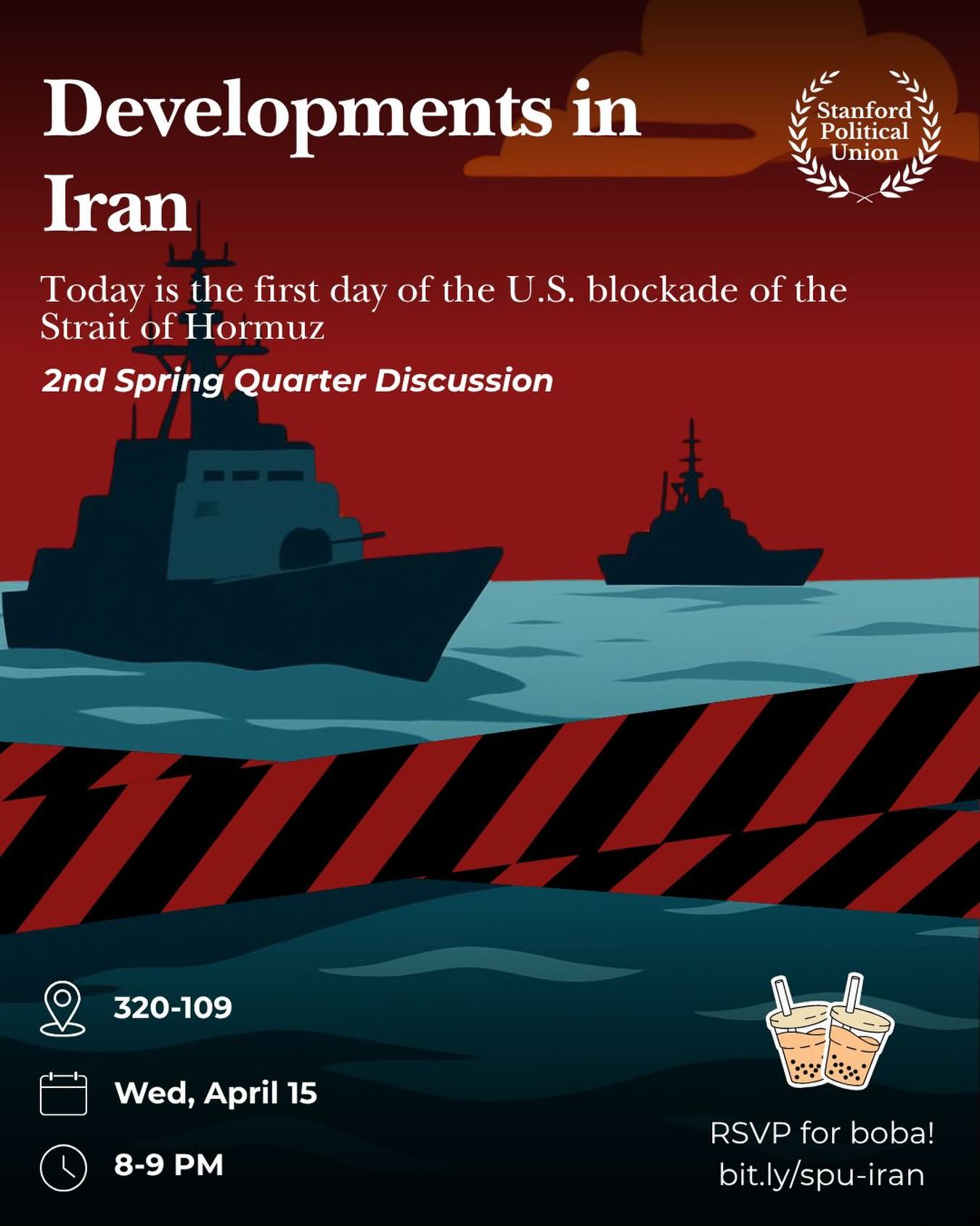 Join the Stanford Political Union on Wednesday, April 15th in 320-109 for a discussion on how the war has evolved and what steps should be taken next to resolve the conflict.
RSVP: bit.ly/spu-iran