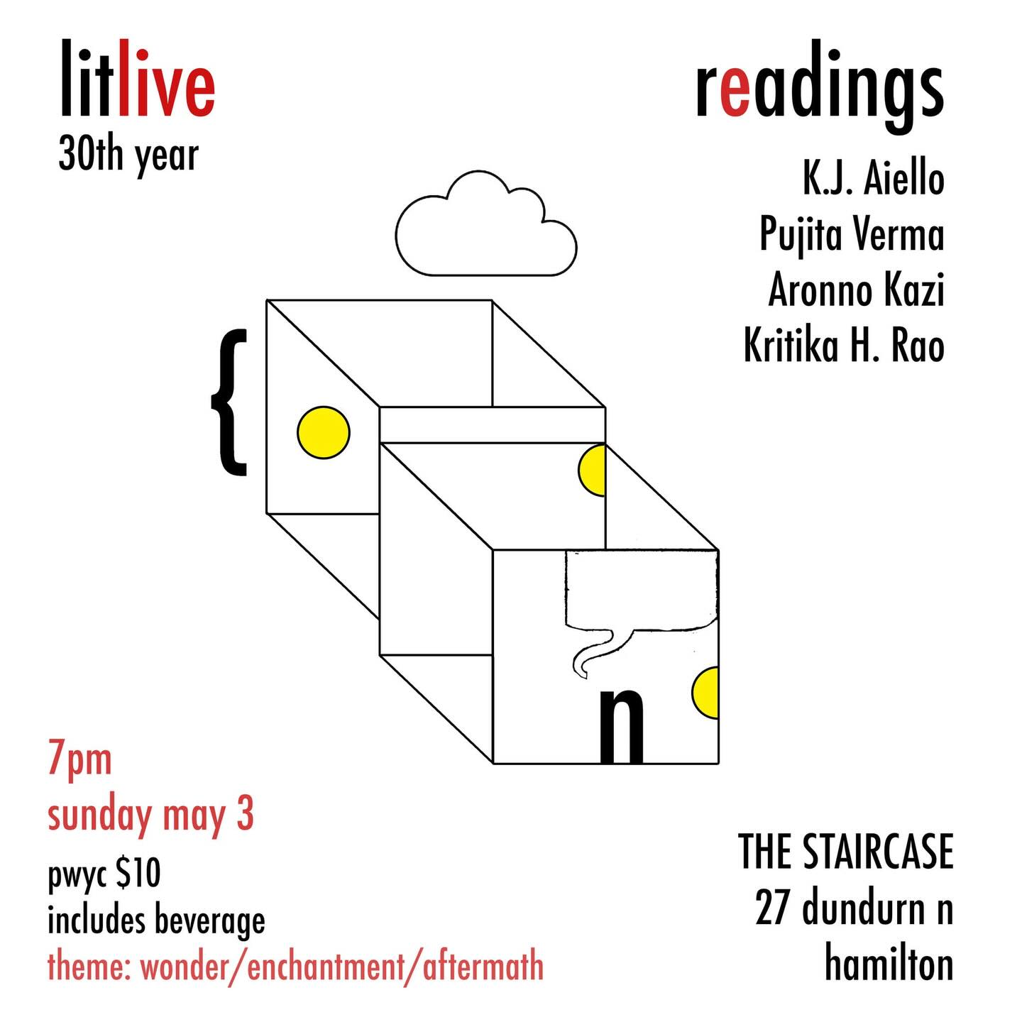 ENCHANTING May Lit Live lineup featuring @kjaiello_writer @pujitas.co @blankchasm @kritikahrao 🎤📖🎤
MAY 3, 7pm at @thestaircase
#hamont #readingseries #litlive #writingcommunity #canlit