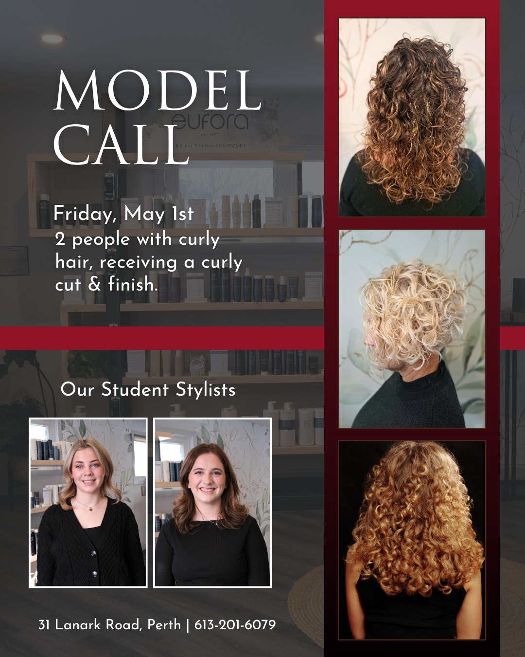 💇♀️ MODEL CALL - CURLY HAIR 💇♀️
On May 1st, we’re looking for 2 models with curly hair for a curly cut experience. ✂️✨ Inspiration photos are welcome, but the service will be a customized curly cut finished with our signature styling.
Models will be required to sign a consent form acknowledging that photos/videos may be taken for social media, the service is for student learning purposes, and the final service decision is made by the salon.
Only 2 spots available. If you’re ready to let your curls shine, call 613-201-6079 to book!
#TheCurlyRedHead #PerthOntario #SustainableSalon #EcoFriendlyBeauty