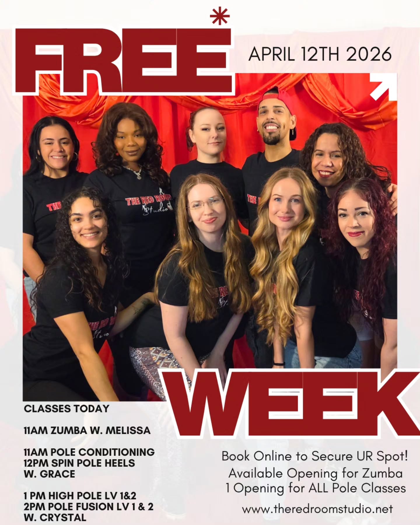 FREE WEEK • Day 2
Join us for Day 2 of our FREE WEEK!
Spots Available Zumba & 1 spot available for all pole classes today Sunday.
✨️Sign up online to secure your spot at www.theredroomstudio.net
Registration closes 1 hour before class start time. Be sure to book early.
#theredroomstudio #freeclasses #freeweek #njdancestudio #njpoledancestudio