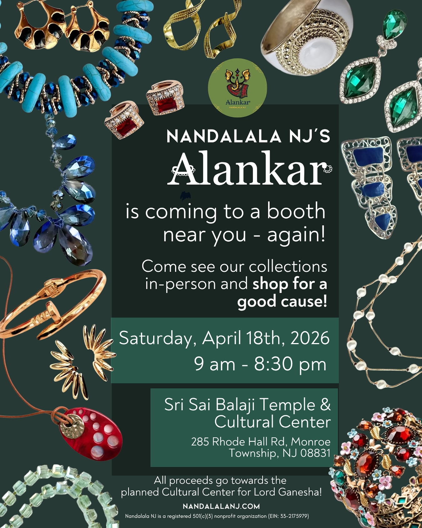 Join us for our 3rd Pop-Up Jewelry Booth! ✨
Get ready for a full day of sparkle, style, and purpose 💫
From 9:00 AM to 8:30 PM at the
Sri Sai Balaji Temple & Cultural Center, 285 Rhode Hall Rd, Monroe Township, NJ 08831.
What makes this even more meaningful?
Every single purchase goes toward building a Cultural Center for Lord Ganesha — supporting a future space for community, culture, and devotion 🙏
🛍️ Come shop
💖 Support a beautiful cause
🌼 Be part of something bigger
Bring your friends & family and make a day of it — we can’t wait to see you there!
#popupshop #jewelryforsale #supportlocal #ganesh #style