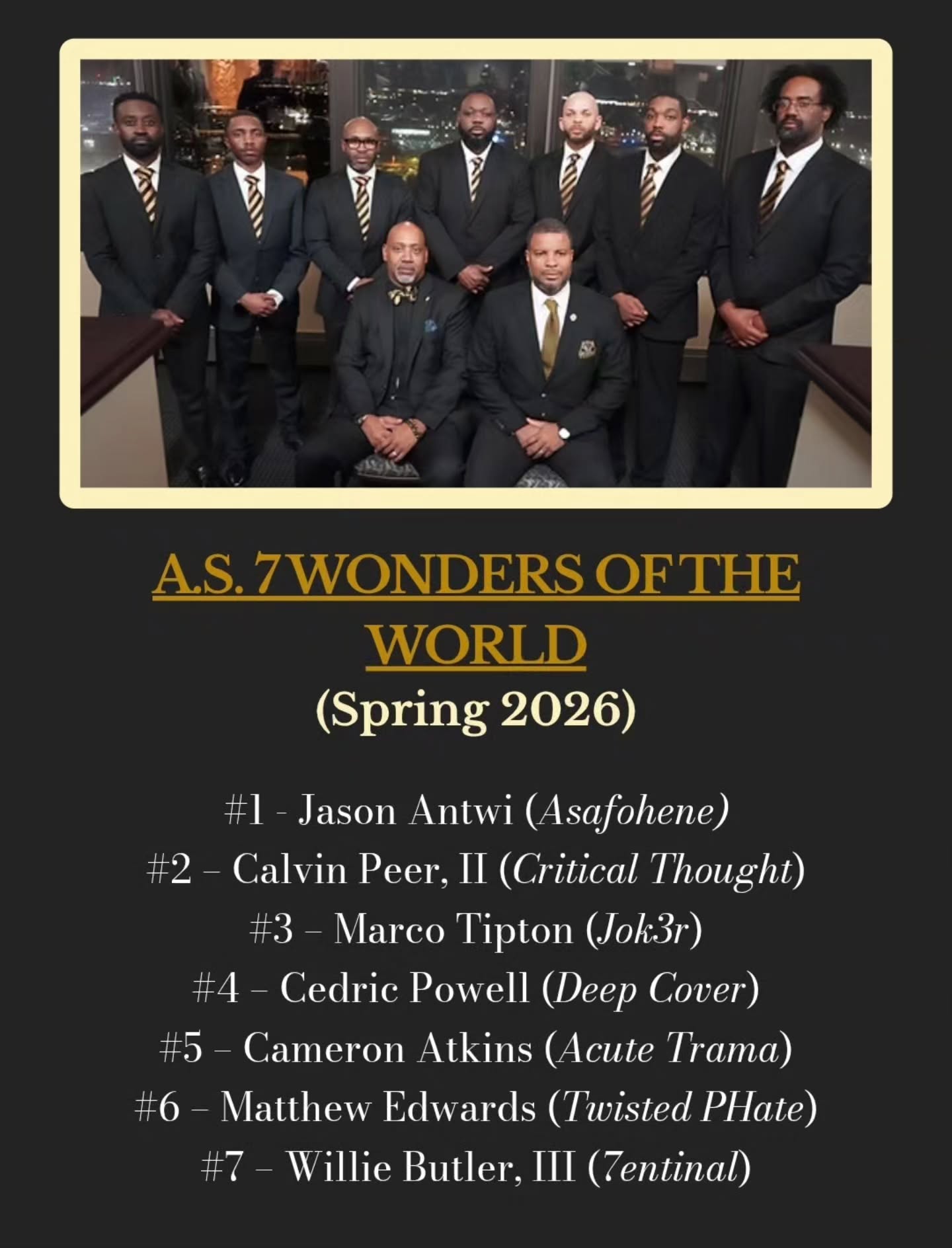 Congratulations and welcome to the Newest Alphas in St. Louis!
Alpha Phi Alpha Fraternity, Inc. - Epsilon Lambda Chapter Spring 2026 Initiates... also known as the A.S. 7 Wonders of the World!
#alphaphialpha
#EpicΕΛ
#Epsilonlambda1919 #stlalphas