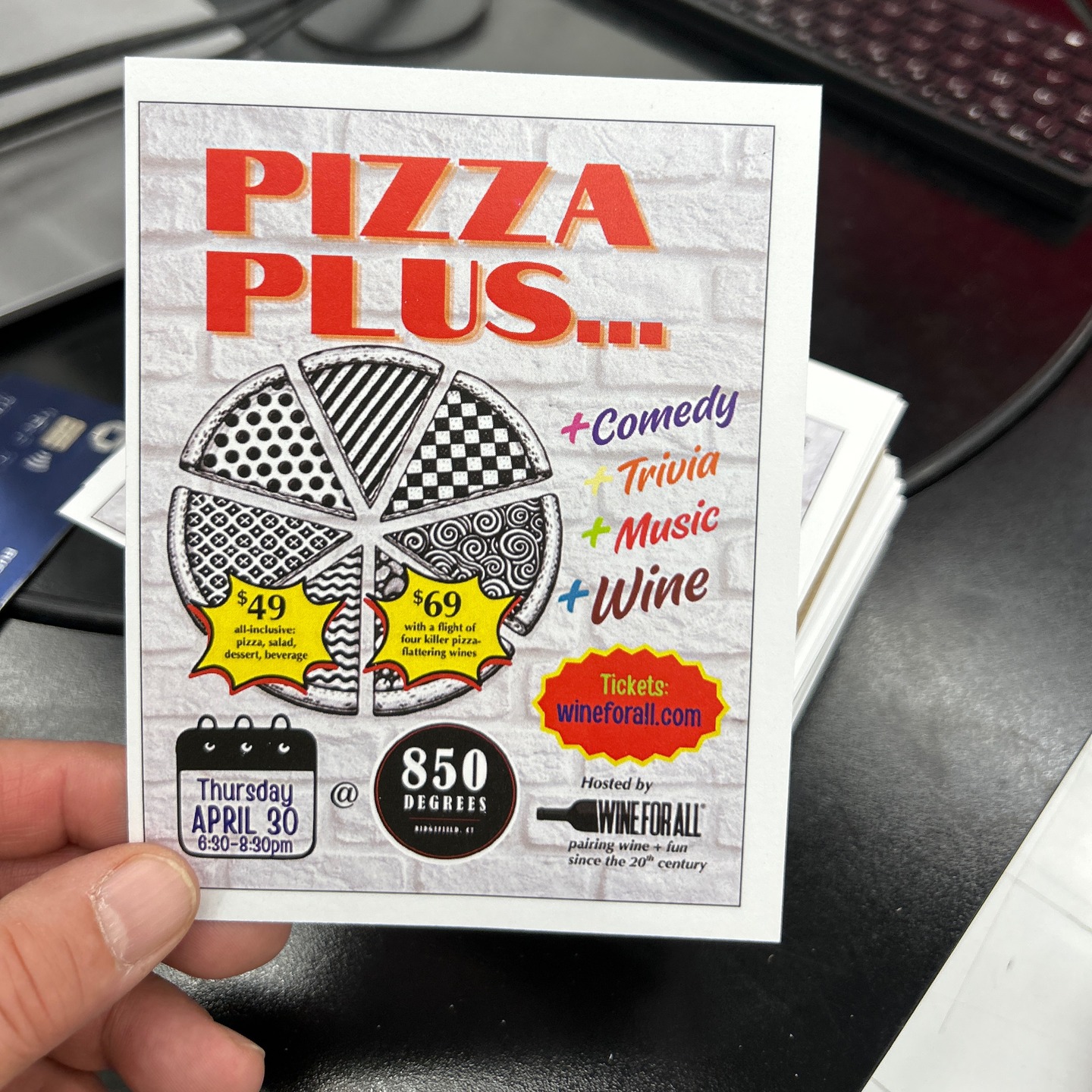Just a week to go before PIZZA PLUS at @850degreeswoodfired in Ridgefield. It's clearly a combo people are craving: the incredible pizza plus comedy, plus music, plus trivia, and of course wine.
The wines for the evening will be an optional curated flight that flies outside the box, with four pizza-friendly wines — Albarino, Lambrusco, Pinot Noir, and a Mystery Blend.
We all need a laugh these days. I’ve got you covered, replete with new material (vegans, beware!). And @gideonklein is going to unleash some Fingerpicking Comedy Blues. His latest hit, “Put Down Yer Phone,” has been banned in Silicon Valley. OK, I made that up, but that is a song. Trust me, he’s funny.
As a novel twist, Chef @beck_bolender is creating 4 brand-new pizzas. Between sets we will all be judging those pizzas with the same razor-sharp critical chops applied to wine. OK, everyone knows wine ratings are just 90-point BS. This, on the other hand, is 100% fun. And the highest-rated pizza gets to be a special at 850 in May!
Under a dozen tickets left — and only at the Wine For All site — so don’t dally. Get yer Pizza Plus on!
#Wine #comedy #trivia #music #RidgefieldCT